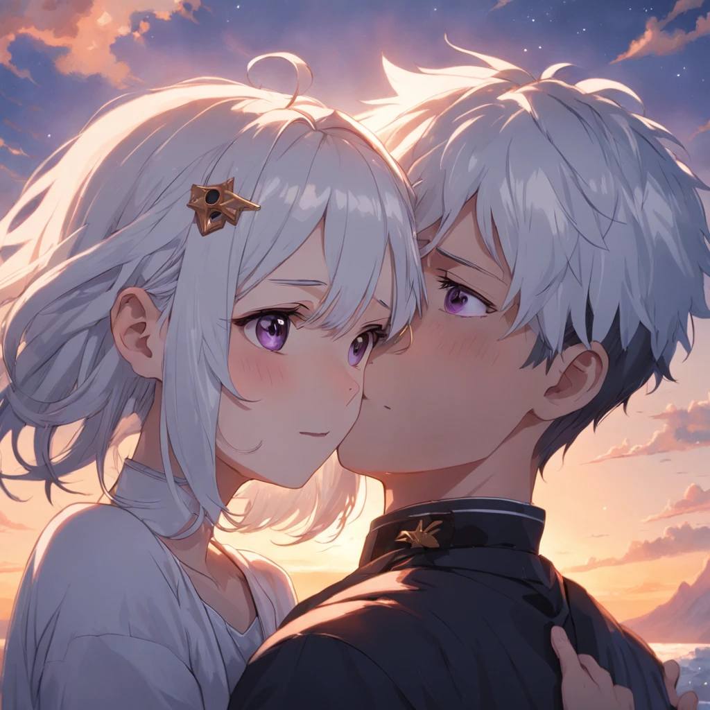 masterpiece, best quality, movie still, 1white hair boy and 1 white hair girl,cute romantic couple, cloud boy, floating in the sky, close-up, bright, happy, warm soft lighting, sunset, (sparks:0.7),He has pale skin and short, white hair with an undercut on the lower third of the back of his head, but his bangs hang down his face to partially cover his missing eye and white medical eye patch. It is implied that his hair has been dyed white due to the presence of black growth on his lower section. he is noted by others to be as handsome as a model. Regardless of his outfit, he wears a tag on a chain suggesting personal devotion. he wears a white medical eye patch over He s right eye. he has two thin, purple rings on his index finger and ring finger, respectively. Both ears are perforated and two on a short chain. he wears earrings that look like small rings from which an isosceles triangle dangles.