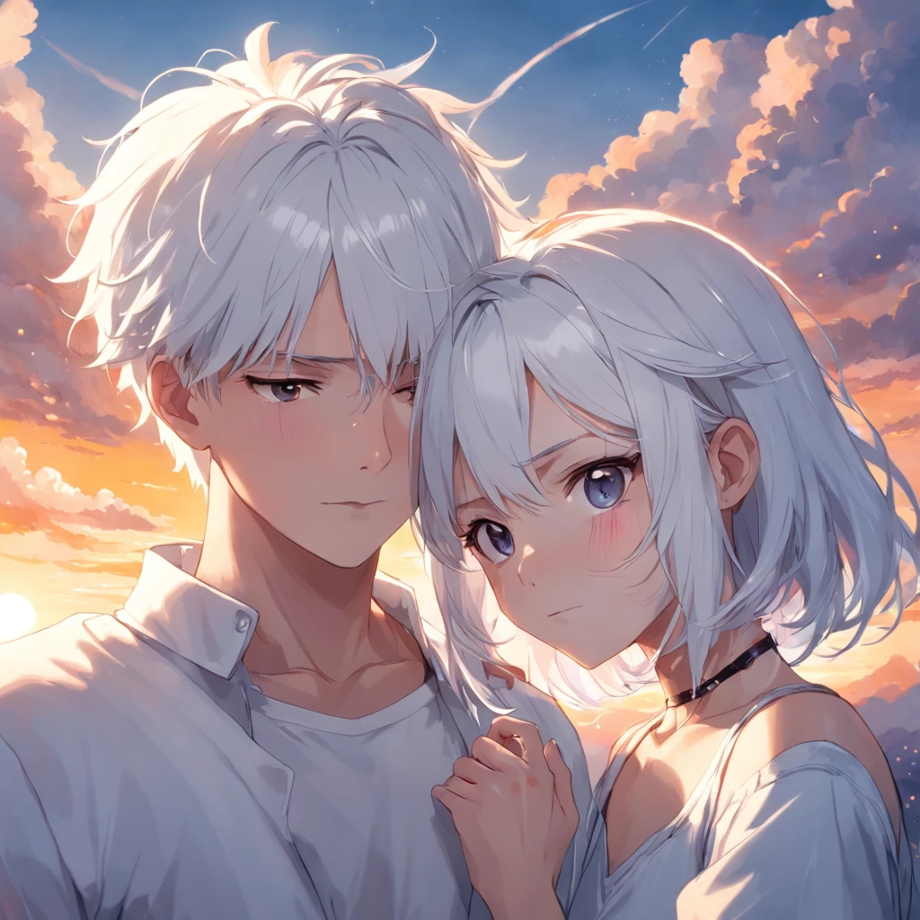 masterpiece, best quality, movie still, 1white hair boy and 1 white hair girl,cute romantic couple, cloud boy, floating in the sky, close-up, bright, happy, warm soft lighting, sunset, (sparks:0.7),He has pale skin and short, white hair with an undercut on the lower third of the back of his head, but his bangs hang down his face to partially cover his missing eye and white medical eye patch. It is implied that his hair has been dyed white due to the presence of black growth on his lower section. he is noted by others to be as handsome as a model. Regardless of his outfit, he wears a tag on a chain suggesting personal devotion. he wears a white medical eye patch over He s right eye. he has two thin, purple rings on his index finger and ring finger, respectively. Both ears are perforated and two on a short chain. he wears earrings that look like small rings from which an isosceles triangle dangles.