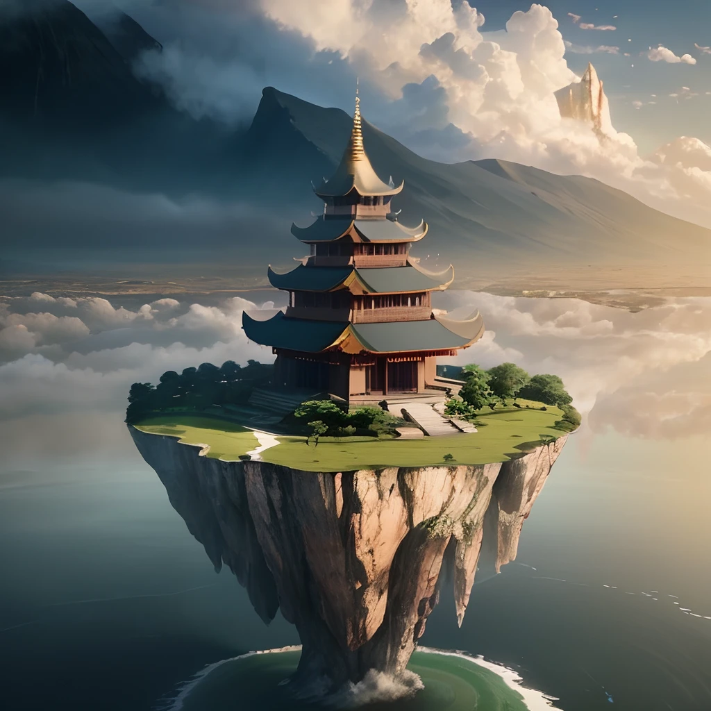 Peaceful mountain, hyper realistic, details,HDR, water lake, cloud, flying Island in the air, temples