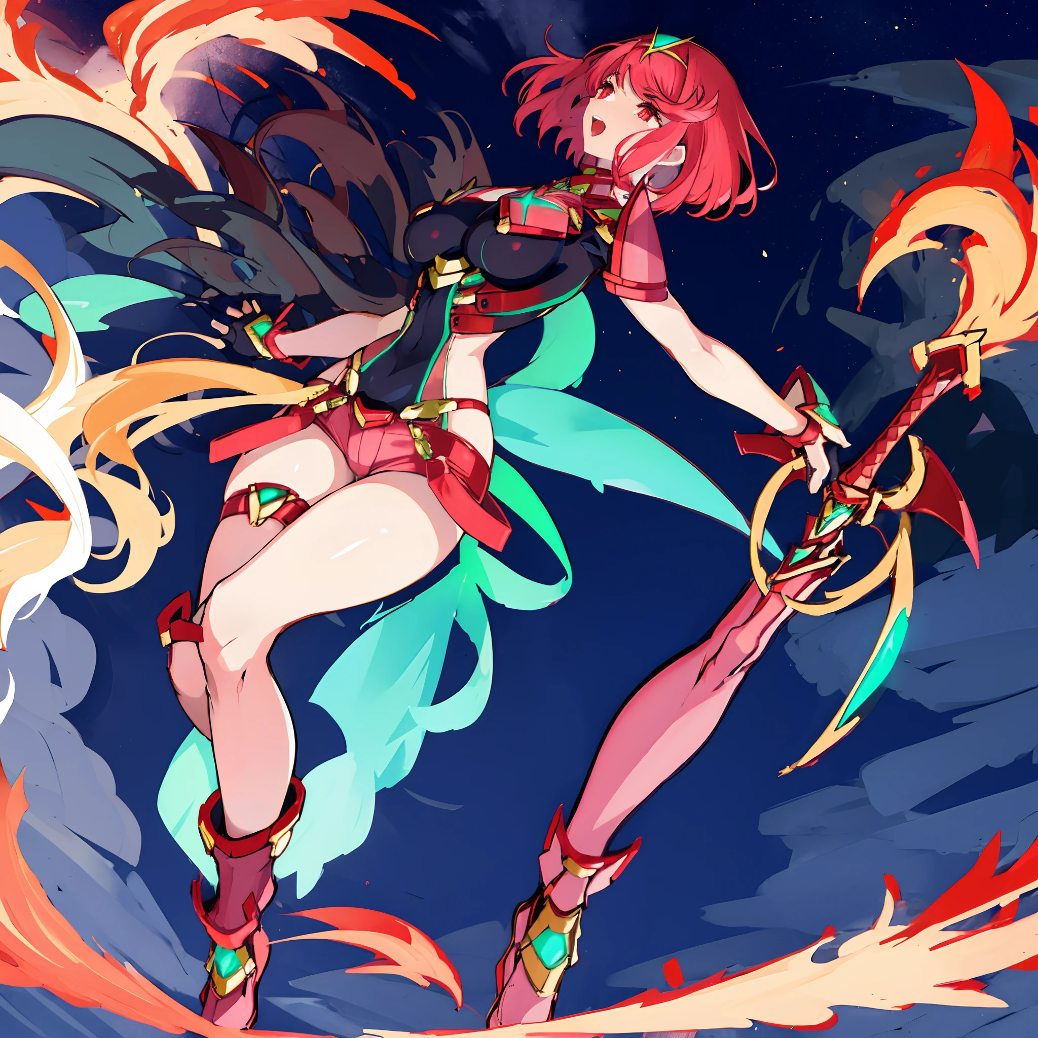 pyra \(xenoblade\), _1girl, lolimor, bangs, black gloves, breasts, red eyes, closed mouth, earrings, eyelashes, fingerless gloves, floating hair, framed breasts, gem, gloves, hair ornament, headpiece, jewelry, big_breasts, leaning back, leotard, neon trim, official art, pose, red hair, red shorts, saitou masatsugu, short hair, short shorts, short sleeves, shorts, sidelocks, skin tight, solo, standing, swept bangs, thighhighs, tiara, night_prairie_background, turtleneck, underbust, vambraces, xenoblade chronicles \(series\), (xenoblade chronicles 2), apart_legs, fire_effect,dynamic_pose,fighting,light_smile, (plump:1.1), big_ass,huge_sword, hold_large_sword_hilt, solo, covered_nipples, covered_pussy,open_mouth,back_view, fists,