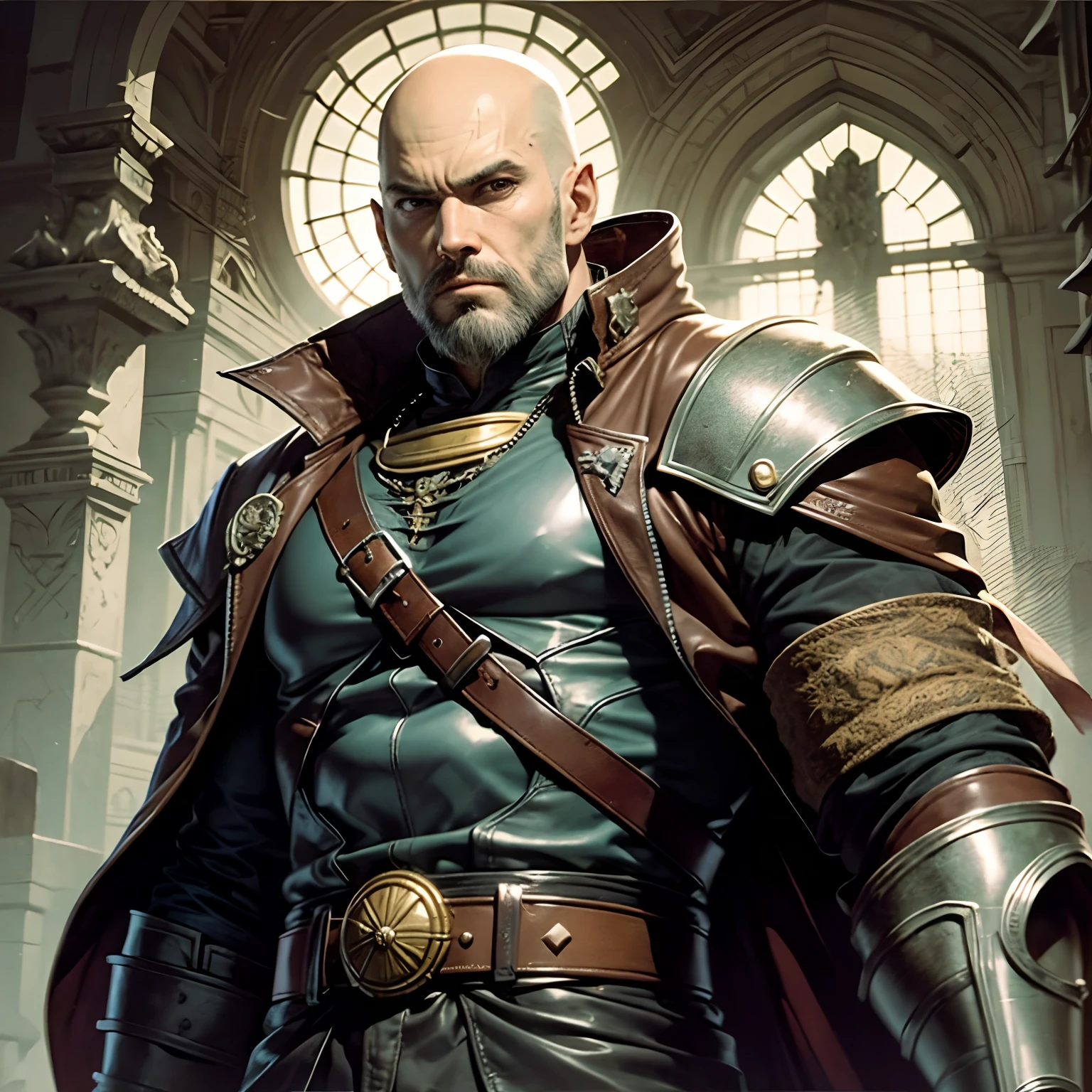 Handsome Bald beard Castlevania Lord of the shadows muscular full Wear leather hyper realistic super detailed, avec des traits du manga Akira Toriyama