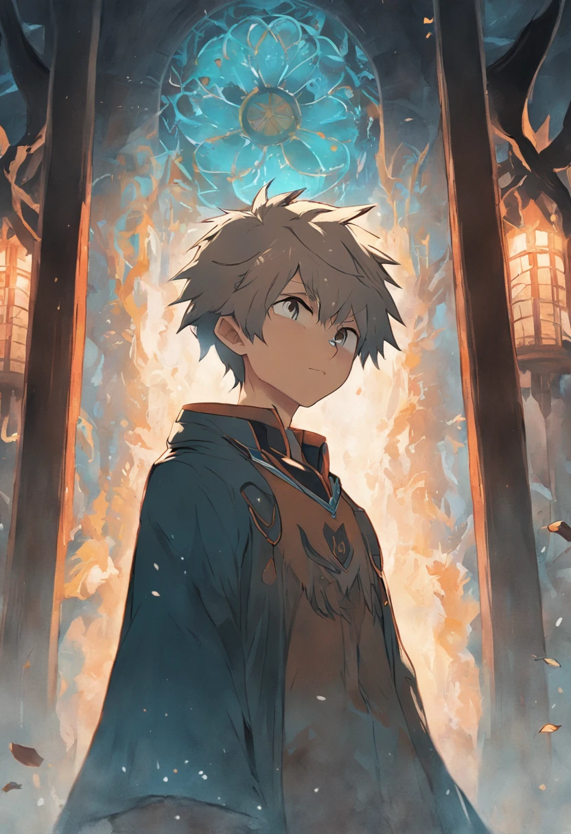 (head portrait,shoun,self-assured,ssmile,Hands on chins,Head slightly raised),(Hogwarts,Lion Courtyard),(hand painted style)