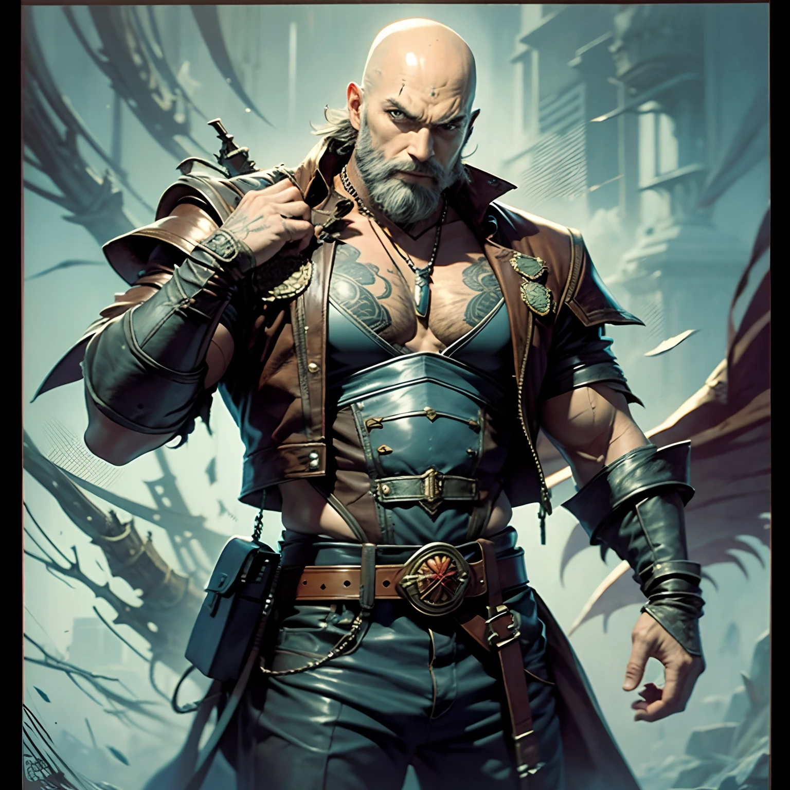 Handsome Bald beard Castlevania Lord of the shadows muscular full Wear leather hyper realistic super detailed, avec des traits du manga Akira Toriyama