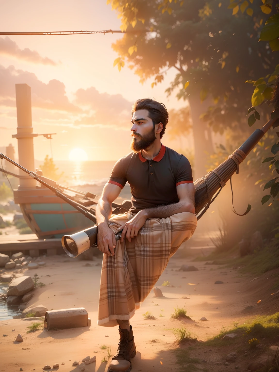 Change beckground to sunrise and realistic face and beard look