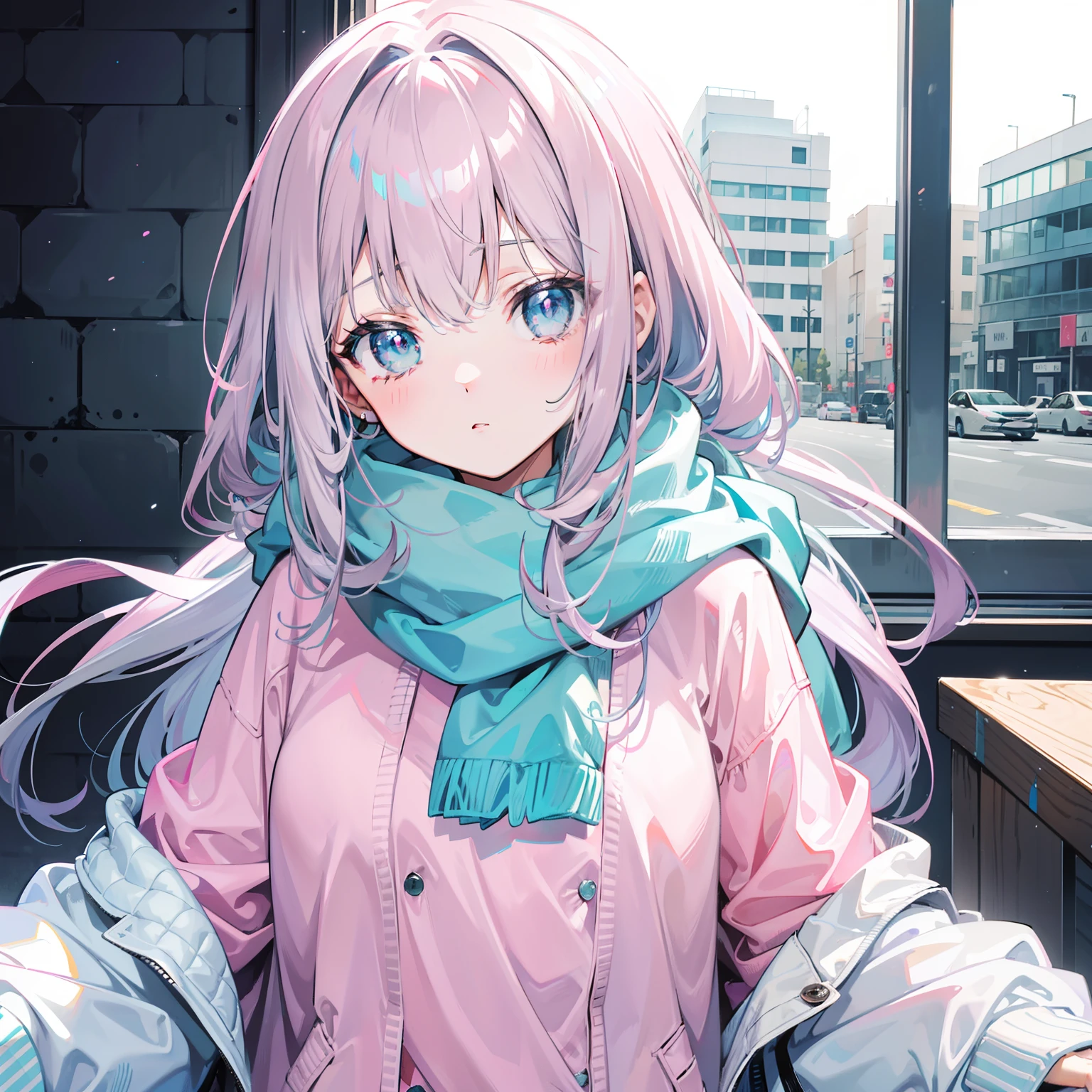 Gray-pink bangs，Blue-green pupils，Wear a silver-white jacket and pink sweater，Wearing a blue scarf，It's a cute girl