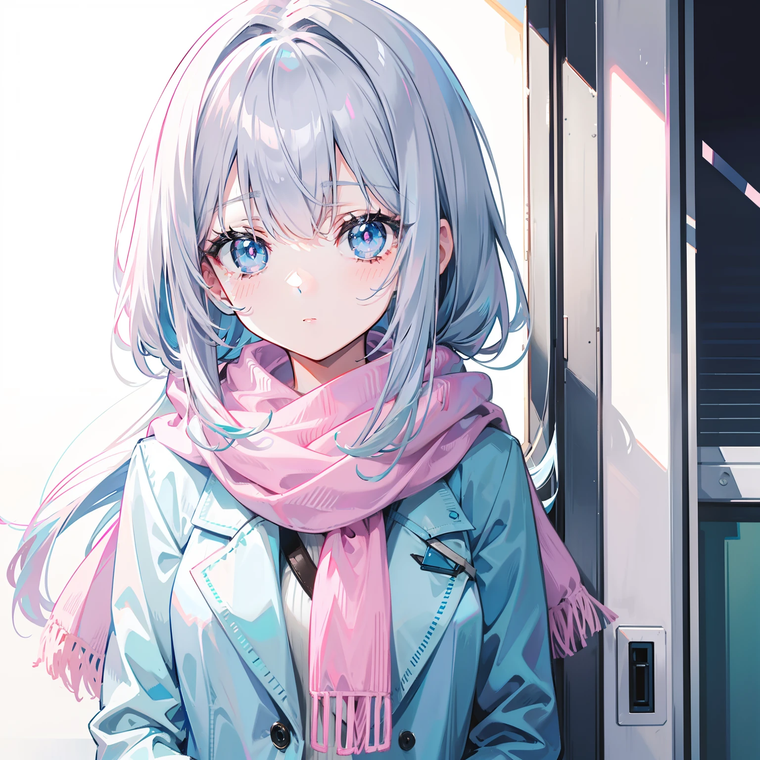 Gray-pink bangs,Blue-green pupils,Wear a silver-white jacket and pink sweater,Wearing a blue scarf,It's a cute girl