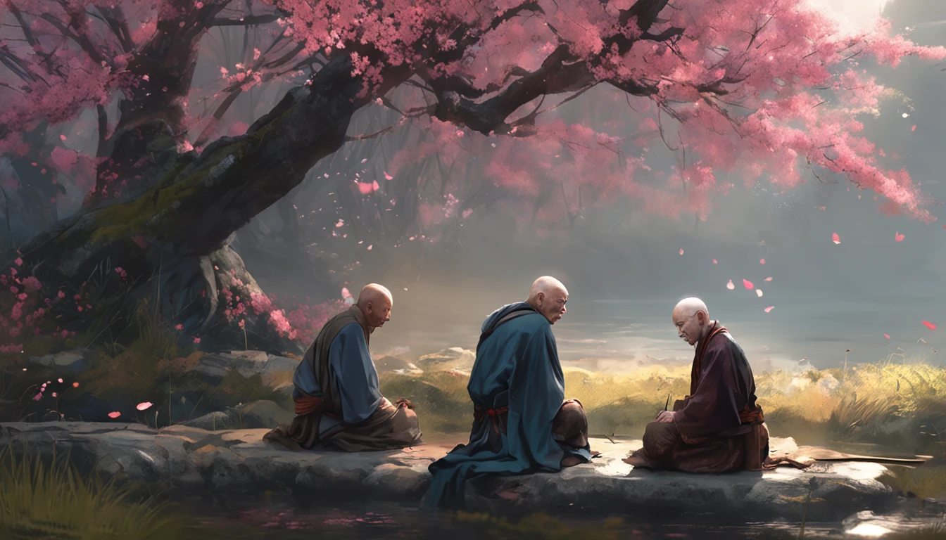 Two wise old monks sitting on the ground next to the cherry blossom., Ross Tran e Michael Whelan, Edgar Maxence e Ross Tran, wlop e ross tran, Ross Tran e Bayard Wu, James Gurney e Andreas Rocha, rob rey and kentarõ miura, Art not Guweiz style, arte do jogo de RPG