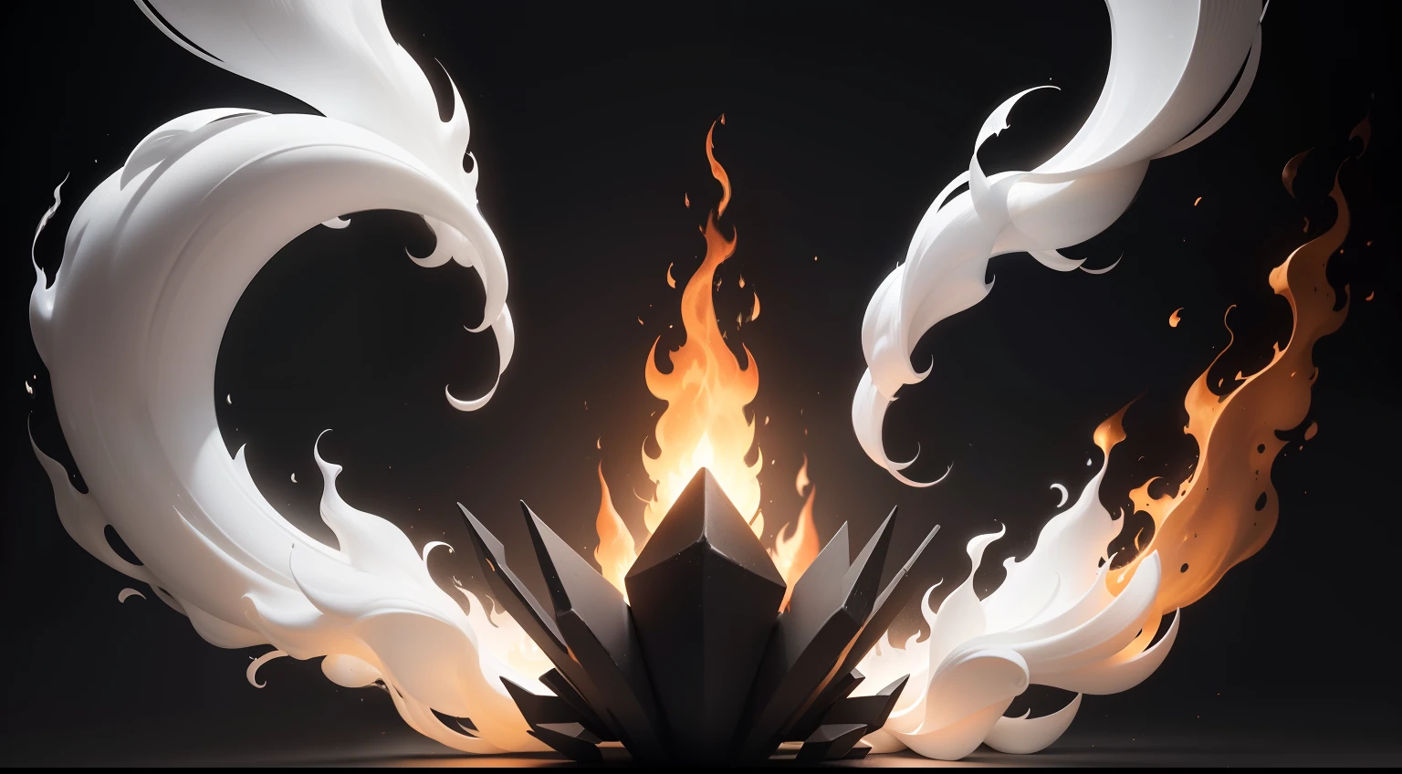 A 16:9 black background frames a singular, untextured white flame, positioned centrally. The flame's luminosity emits in grayscale, starkly contrasting against the uniform black surroundings.