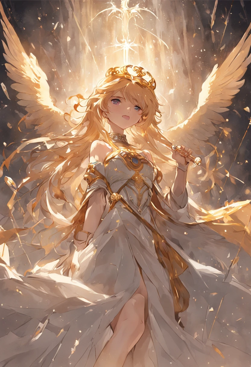 Holy maiden,The whole body is surrounded by white ribbons,Holding a golden scepter in his hand, He sits on a lion made of crystal,Flexible body,Pleasant appearance,Super clear,4K,The picture quality of the movie,Easy to frame,The texture of the arrival of angels
