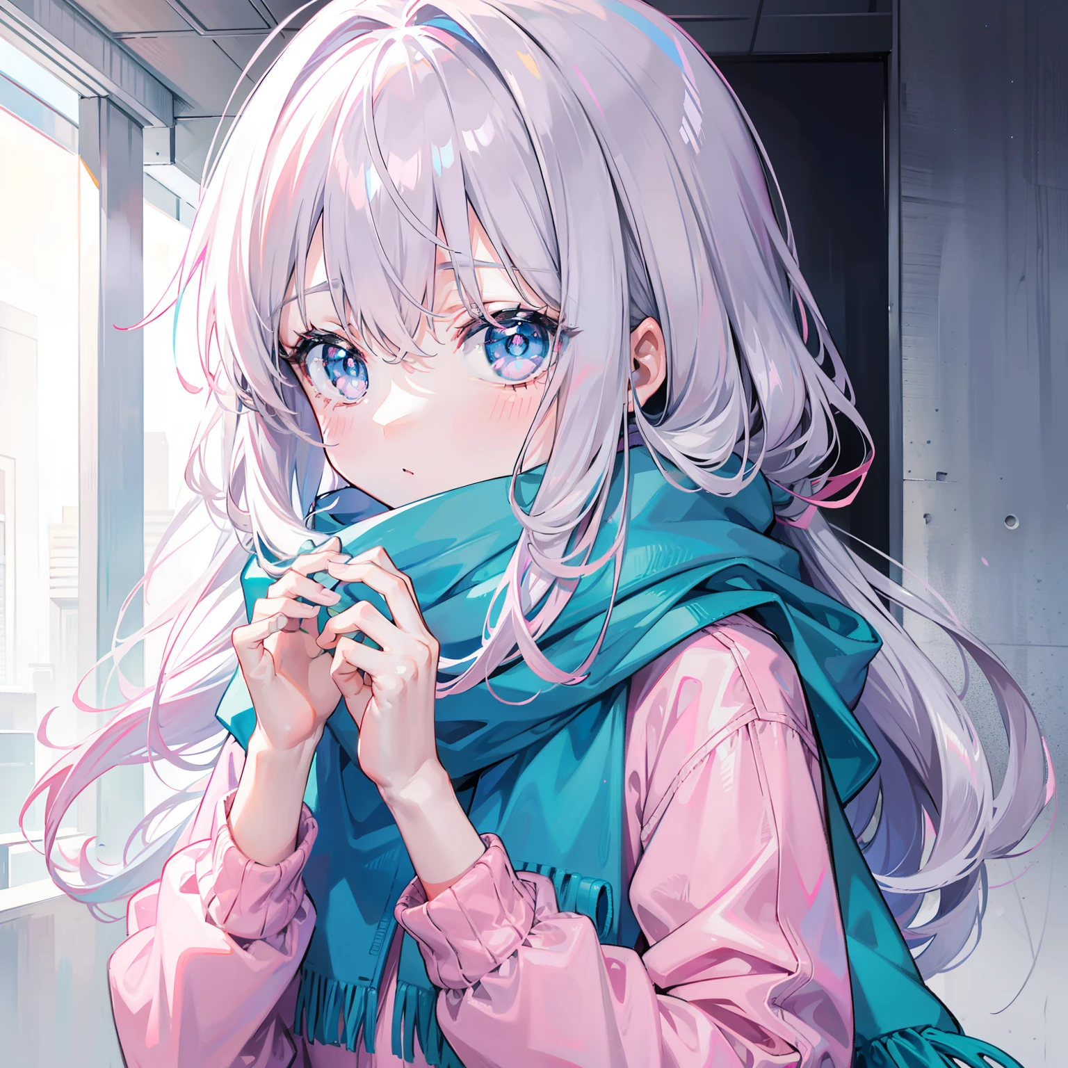 Gray-pink bangs,Blue-green pupils,Wear a silver-white jacket and pink sweater,Wearing a blue scarf,It's a cute girl