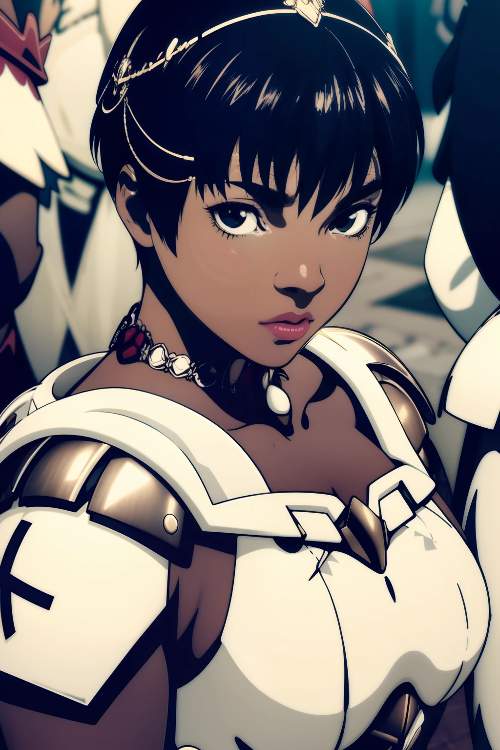 RAW photo, a portrait photo of black woman, one of (high detailed skin:1.2), 8k uhd, dslr, soft lighting, high quality, film grain, Fujifilm XT3, white armor ,