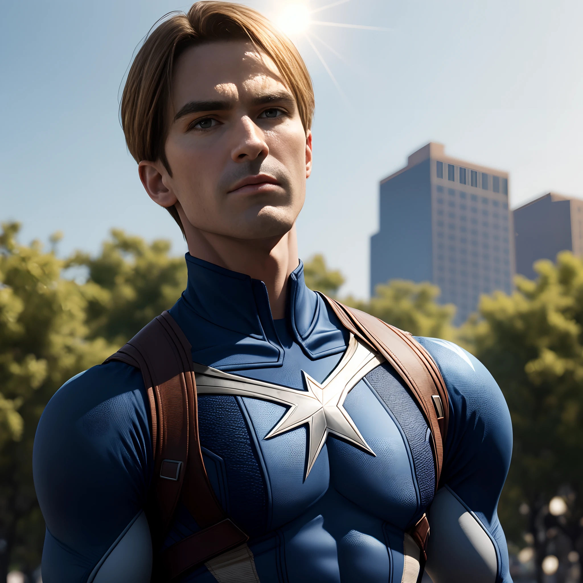 Captain America, Realistic detailed face Detailed body, Highly detailed 8k CGI resolution, Sunlight, New York City captured with a Hasselblad X1D 50C, Hasselblad XCD 80mm f/1.9, f/2.8 - f/4, 1/125 - 1/250, ISO 100 - 400 , with Real face,chang my Shirt, Golden background,