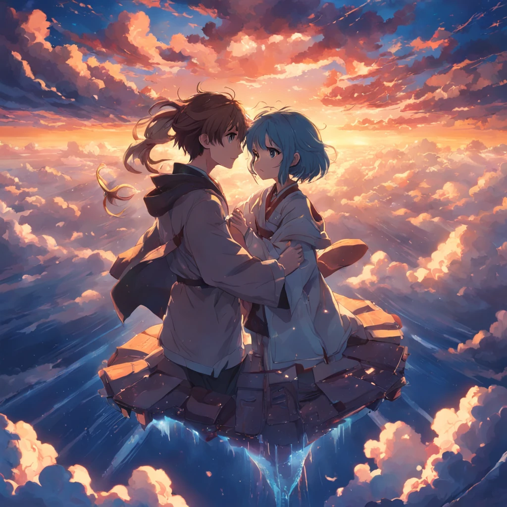 tmasterpiece,best qualtiy,cinematic Film still from,Libido boy,clouds,Floating in the sky,Faraway view,brightly,cheerfulness,Warm and soft lighting,the sunset,(spark of light:0.7)