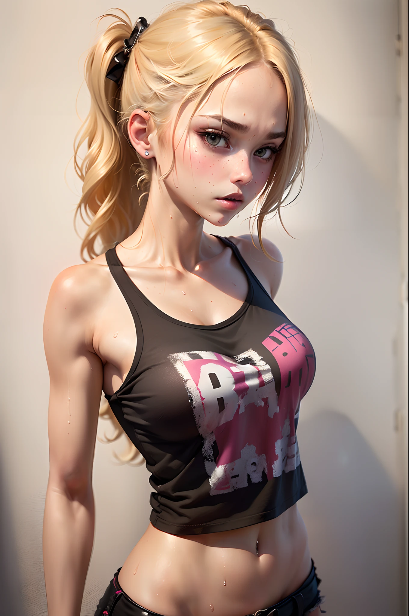 (1girl), medium breasts, tan, dewy skin, sweaty skin, wavy blonde hair, punk tshirt, punk girl