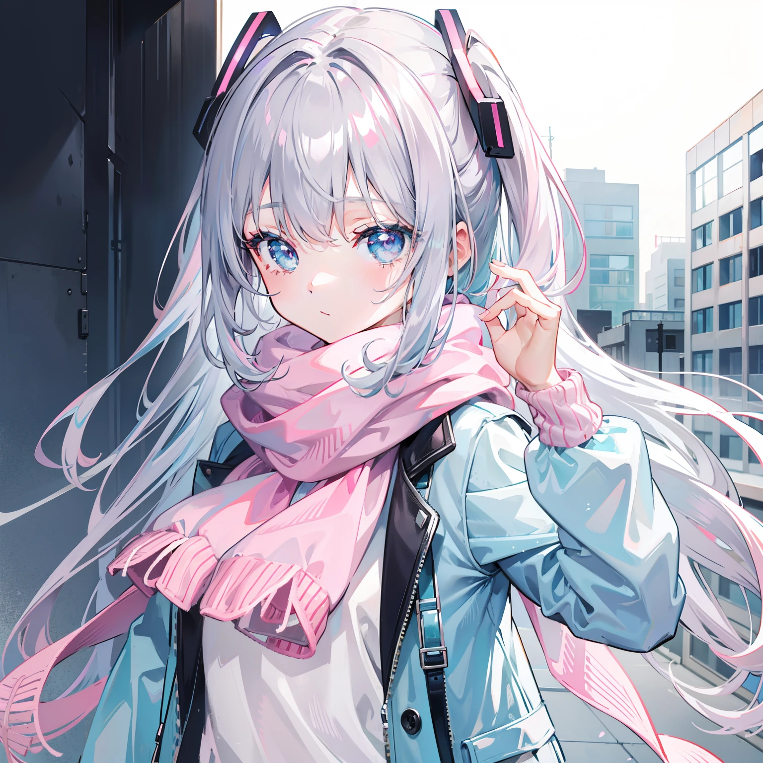 Gray-pink bangs，Blue-green pupils，Wear a silver-white jacket and pink sweater，Wearing a blue scarf，It's a cute girl