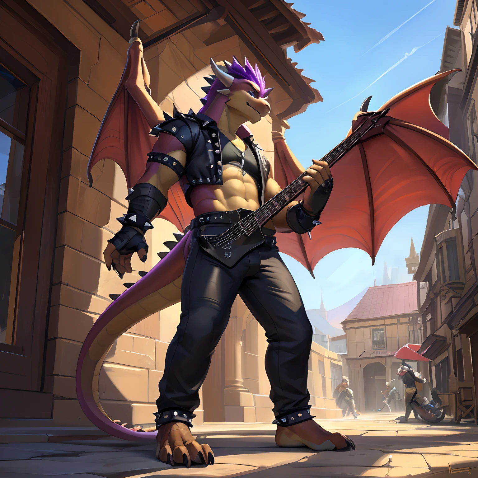 (masterpiece, best quality, high quality, highres:1.4), detailed, extremely detailed, ambient soft lighting, 4K, by (by Pino Daeni, (by ruaidri), yupa, kiyosan,(by meesh), (by fffffolder)), delga: (slim, athletic, dragon, yellow body, smooth skin, athletic muscle, anthro legs, (dragon feet), (toe claw), blue eyes, purple mohawk, (detailed eyes), dragon horn, dragon tail, two wings, dragon wings, wings on back, (clothing, (topwear: (punk), handwear:(none), bottomwear:(pants:black, [[leg armor]]))), handsome, closed_mouth, ((serious_look, serious)) tag:1boy), standing, performing, playing electric guitar, pov, (((inn))),