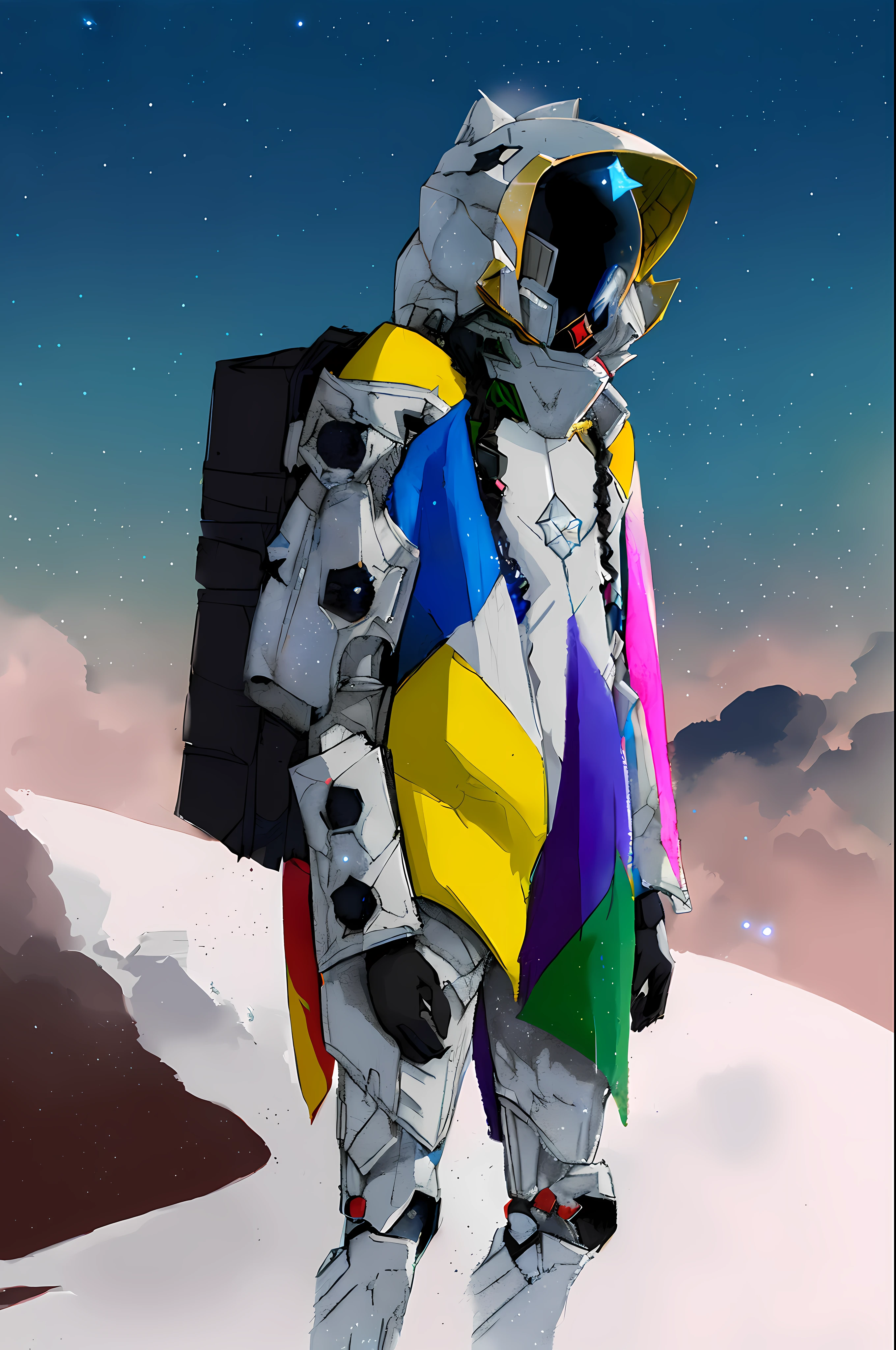 Superhero mecha (faceless:1.5) anime goddess wearing star armor, star boss, blue, white background, red,(black and white:1.5), artwork, (masterpiece:1.3) , (starry:1.3) background, cloudy and misty gradient background