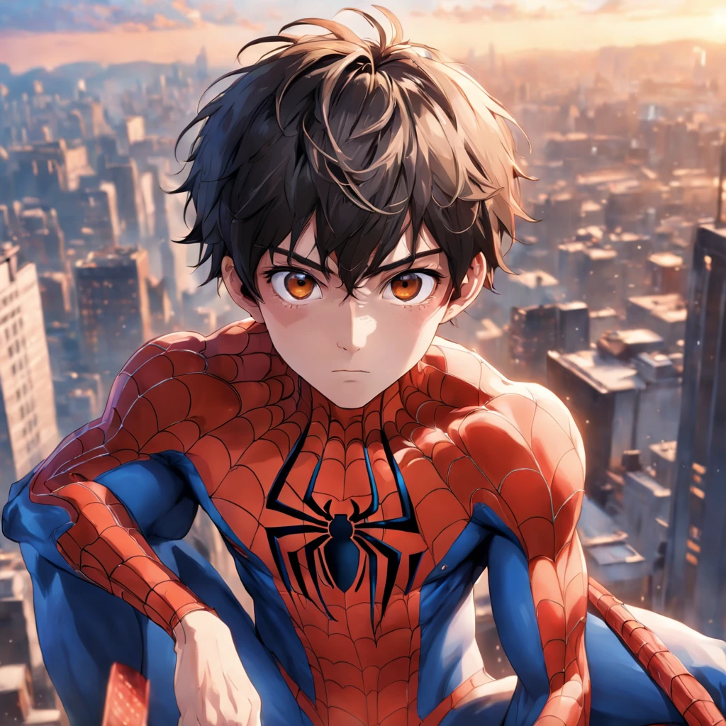 (1boy:1.3), solo, ((very detailed face)))), ((very detailed eyes and face)))), beautiful detailed eyes, body parts__, full body portrait, official art, unified 8k wallpaper, super detailed, beautiful and beautiful, beautiful, masterpiece, best quality, original, masterpiece, super fine photo, best quality, super high resolution, realistic realism, sunlight, full body portrait, amazing handsome, dynamic pose, delicate face, vibrant eyes, (from the front), wearing Spider-Man suit, red and black color scheme, spider, very detailed city roof background, rooftop, overlooking the city, detailed face, detailed complex busy background, messy, gorgeous, milky white, highly detailed skin, realistic skin details, visible pores, clear focus, volumetric fog, 8k uhd, DSLR, high quality, film grain, fair skin, photo realism, lomography, futuristic dystopian megalopolis, translucent, (Cyberpunk: 1.1), (Mechanical Joints: 1.2),