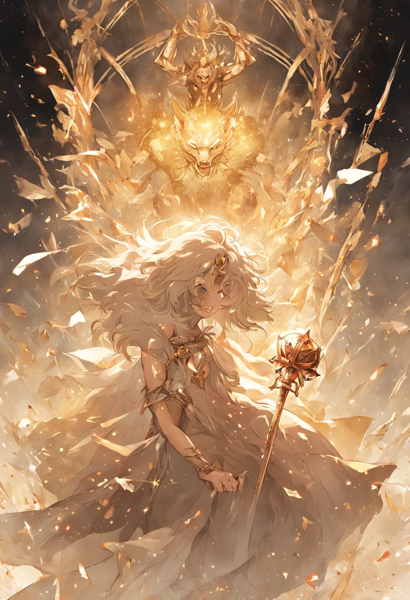 Holy maiden，The whole body is surrounded by white ribbons，Holding a golden scepter in his hand, He sits on a lion made of crystal，Flexible body，Pleasant appearance，Super clear，4K，The picture quality of the movie，Easy to frame，The texture of the arrival of angels