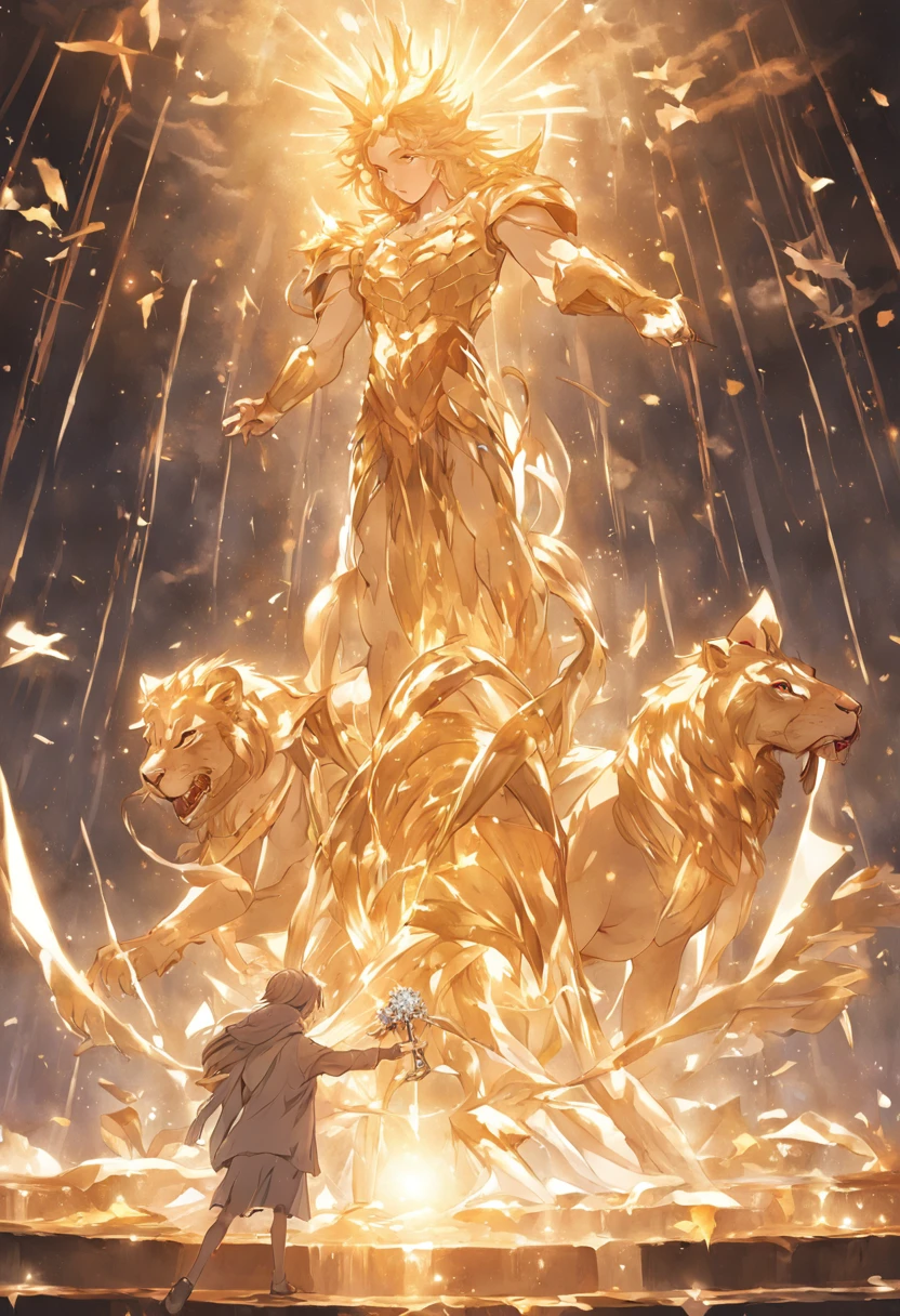 Holy maiden,The whole body is surrounded by white ribbons,Holding a golden scepter in his hand, He sits on a lion made of crystal,Flexible body,Pleasant appearance,Super clear,4K,The picture quality of the movie,Easy to frame,The texture of the arrival of angels