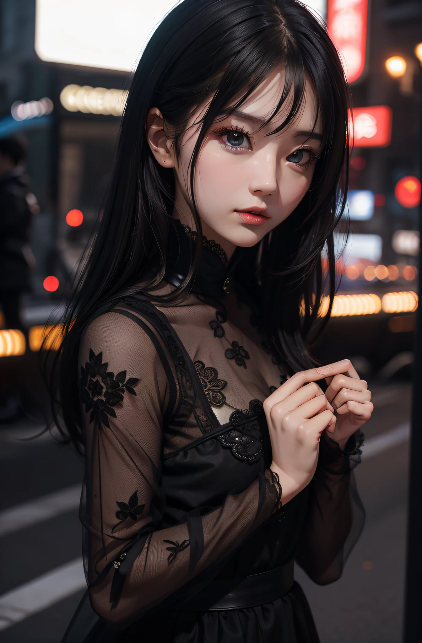 best qualtiy，tmasterpiece，超高分辨率，（真实感：1.4），RAW photogr，1girll，in the darkness nigth，deep shading，low tune，cold light，Square face with charming eyes，Dressed in black lace