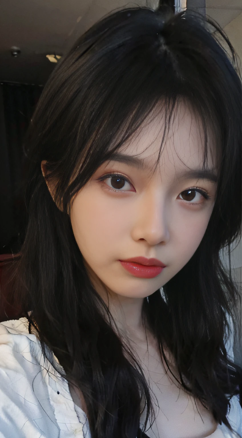 8K,best qualtiy,tmasterpiece,超高分辨率,(真实感:1.4),RAW photogr,(True skin texture:1.3),(filmgrain:1.3),(Selfie angle),1个Giant Breast Girl,Beautiful eye and face details,tmasterpiece,Best quality at best,closeup cleavage,The upper part of the body,hair tying up,