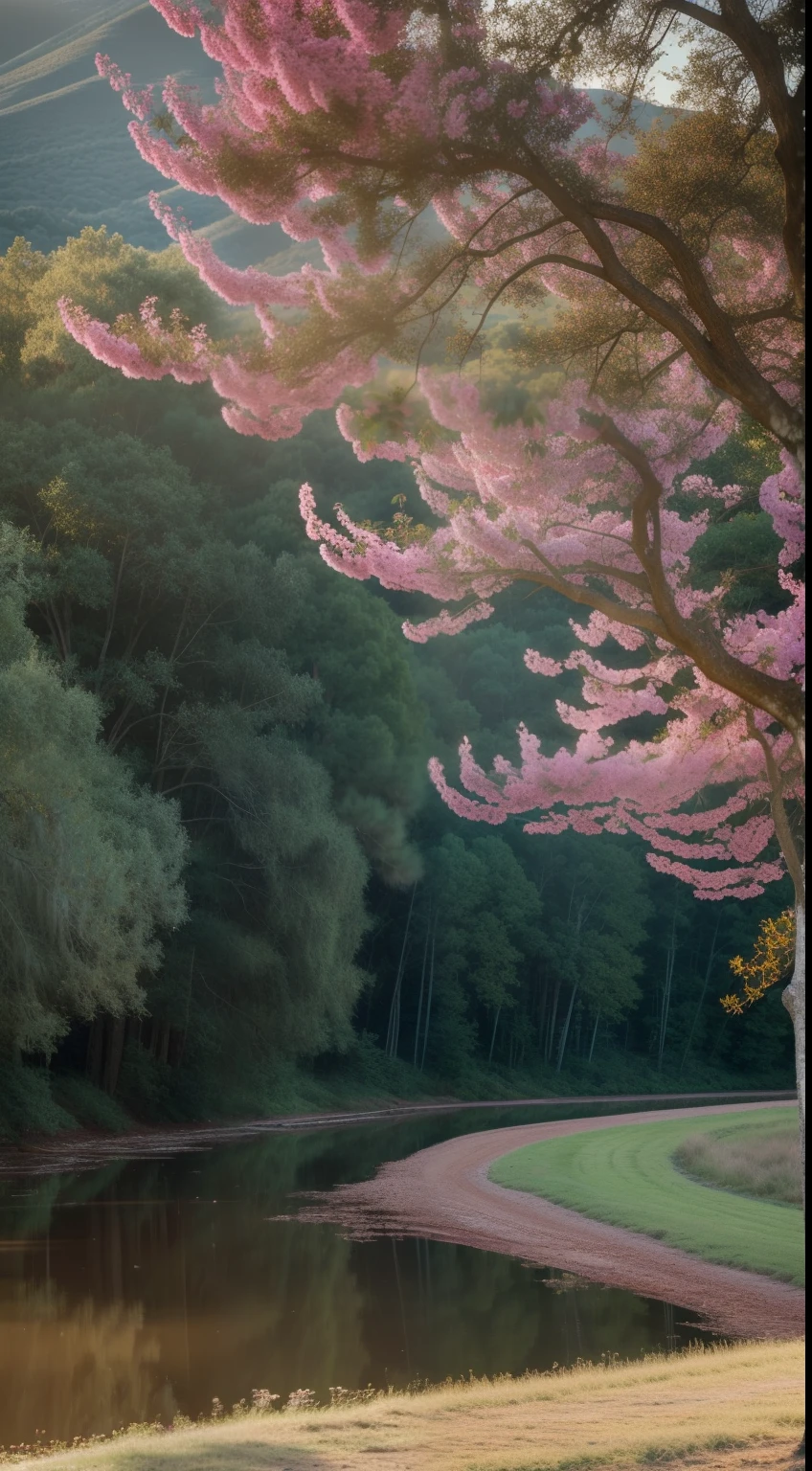 tmasterpiece,super detailing,best qualtiy,Perfectcomposition,A high resolution,Natural soft light,Photographic realism style,SLR shooting effect,8K,Rural fields,A forest of crape myrtle,Big trees around,A small river,Mountains in the distance