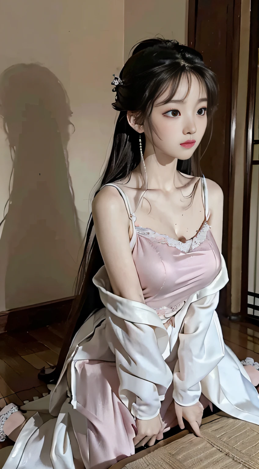 Master quality, highest quality, best picture quality, exaggerated details, a cute 8 year old asian little girl with a shy expression, slightly squinted eyes, adjusting her hair, long eyelashes (long hair / very, very exaggerated big breasts, big tits / in petticoat dress tissue, ), posing above look down sit in front of the camera, wet breast hanfu, slim and tall waist, silk lace, xintong chen, with open v acient chinese clothes, detail breast , detail cheast, drenched in sweat, , sex.