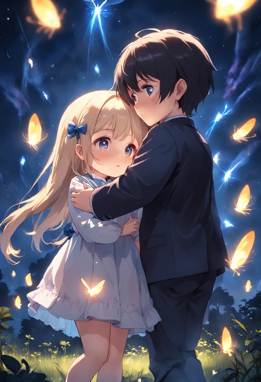 the night,Lolita style clothing,Cartoony,Chubby little girl and little boy hugging each other,Glowing fireflies around,,Cute and cute,KIDS ILLUSTRATION,Glow effects,Dingdall effect,depth of fields,high light,Real light,Ray traching,oc rendered,Hyper-realistic,best qualtiy,8K,Works of masters,super-fine,Detailed pubic hair,Correct anatomy,sharp focus on eyes,Bokeh,Facial features are carefully depicted