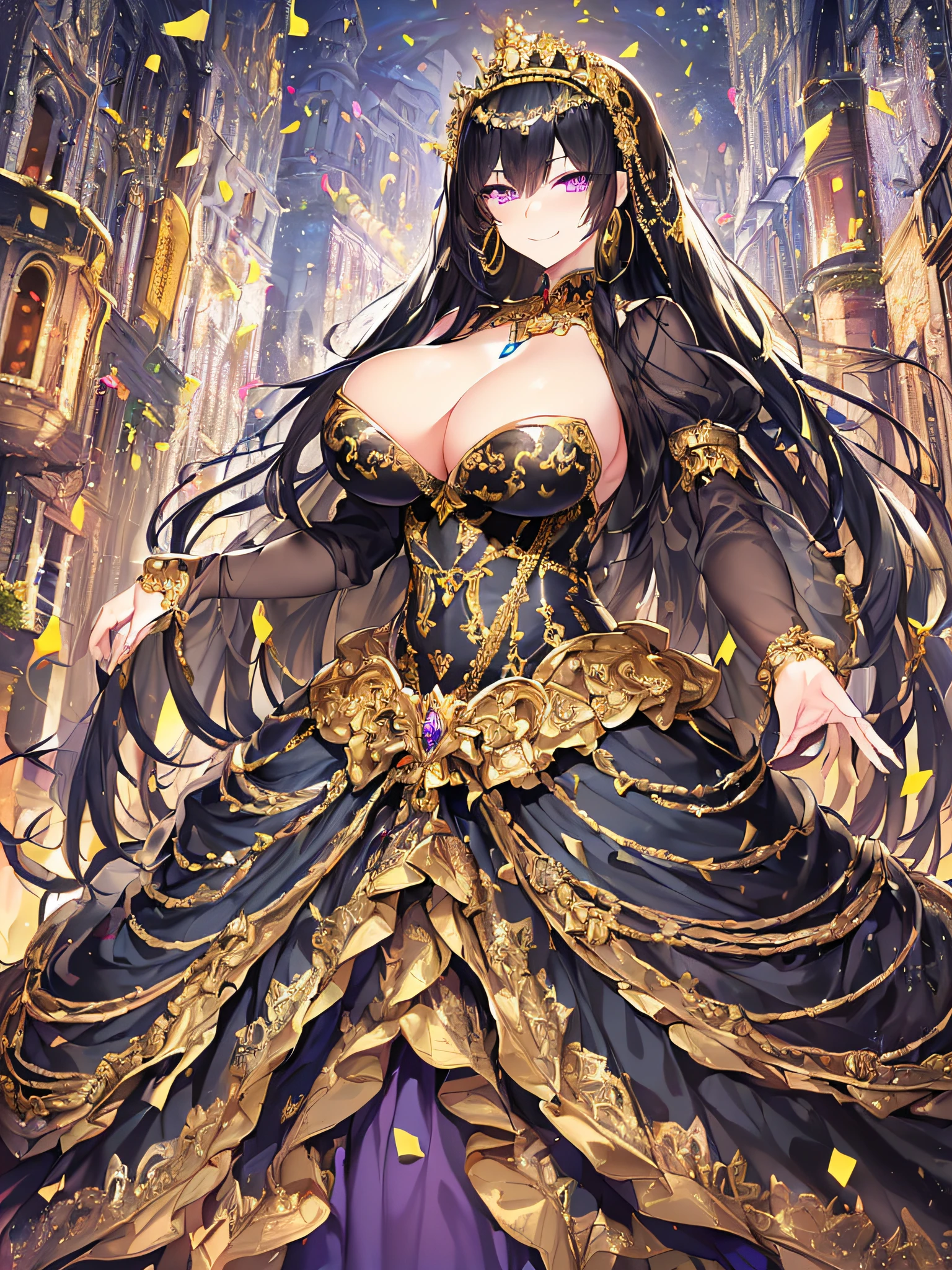 ((anime artstyle)),(Masterpiece),(Best Quality), (Super Detail),((Very Delicate and Beautiful)),(((Solo))),((full body portrait)),((1 arrogant queen in gorgeous black and gold rococo princess ballgown with voluminous full length hoop skirt),((crinoline)),gold trim,Long train,((dominant pose,dominant facial expression)),(arrogant smile,haughty smile),(smug),Sharp eyes,((standing in the Festival of the Castle Town Square,festival,confetti)),((outdoor)),sunlight,medieval main street,gorgeous gemstone jewelry,detailed face and eyes,jewel-like eyes,Purple eyes,(Bangs between eyes),((large amount of straight hair,extremely Long voluminous black Hair)),((gigantic tits,Long tits)),gorgeousfull embroidery,cleavage,extremely gorgeousfull hair ornament,(bling-bling extremely gorgeousfull jeweled tiara),gorgeous corsage,(Dynamic Angle),Looking at viewer,confetti flowing,(((gorgeous black and gold rococo princess ballgown with voluminous full length hoop skirt)))