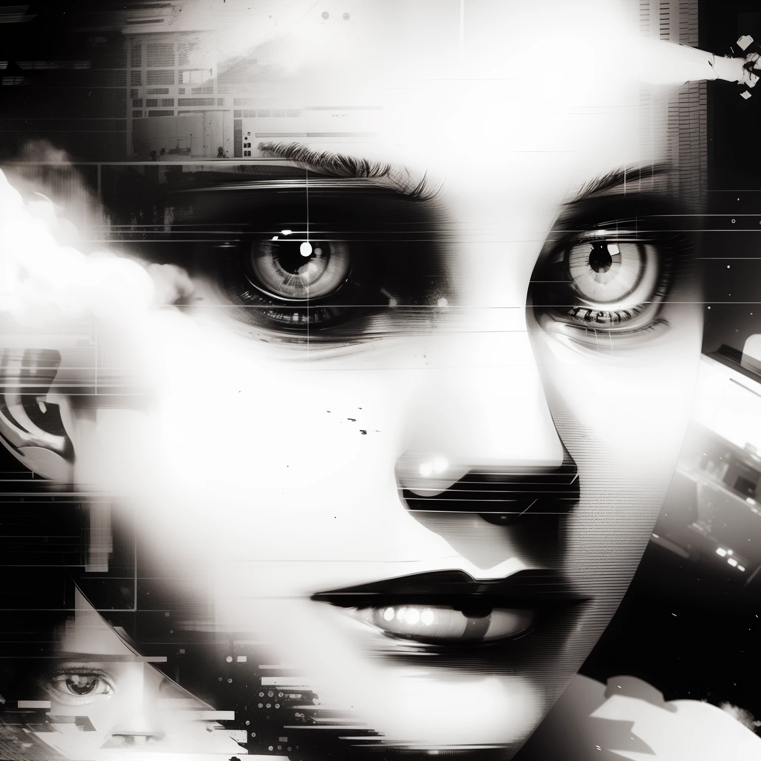 a face emerging from thousands of security camera screens, dark, graphic novel, rough sketch