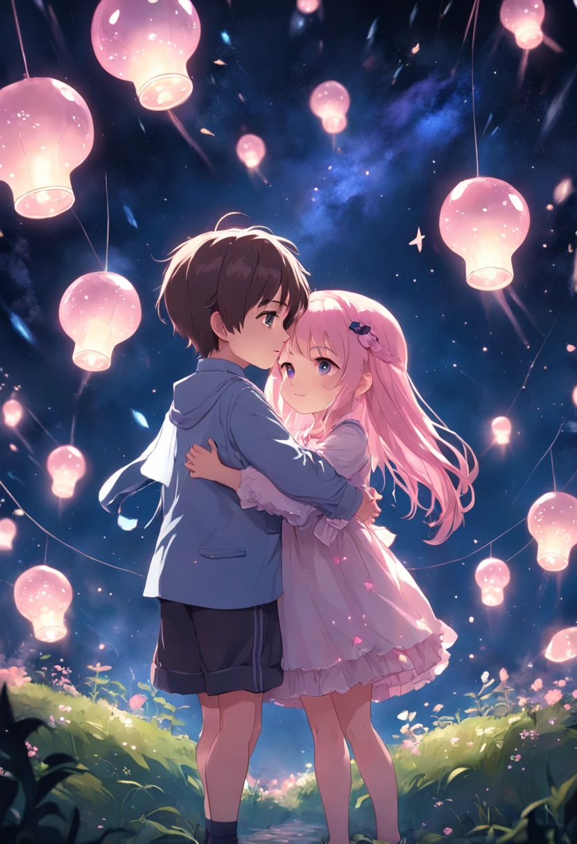 the night,in pink,Lolita style clothing,Cartoony,Chubby girl and littleugging each other,Glowing fireflies around,,Cute and cute,KIDS ILLUSTRATION,Glow effects,Dingdall effect,depth of fields,high light,Real light,Ray traching,oc rendered,Hyper-realistic,best qualtiy,8K,Works of masters,super-fine,Detailed pubic hair,Correct anatomy,sharp focus on eyes,Bokeh,Facial features are carefully depicted