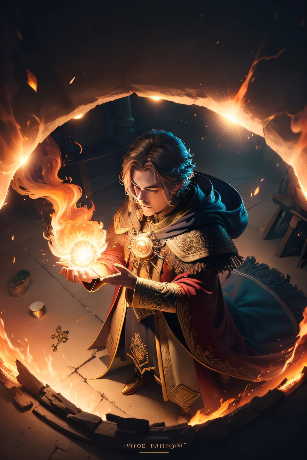 expansive landscape photograph , 
(a view from above that shows open field below),
 a wizard standing on grass field looking up, 
 10 fireballs hovering above him,
 distant mountain, 
 tree BREAK production art, 
 (warm light source:1.2), 
 (fire particle:1.2), ,
 a larga magic circle, 
 intricate details, 
 volumetric lighting BREAK (masterpiece:1.2), 
 (best quality),
 4k, 
 ultra-detailed, 
 (dynamic composition:1.4),
 highly detailed,
 colorful details,
 ( iridescent colors:1.2),
 (glowing lighting, 
 atmospheric lighting), 
 dreamy, magical, 
 (solo:1.2)