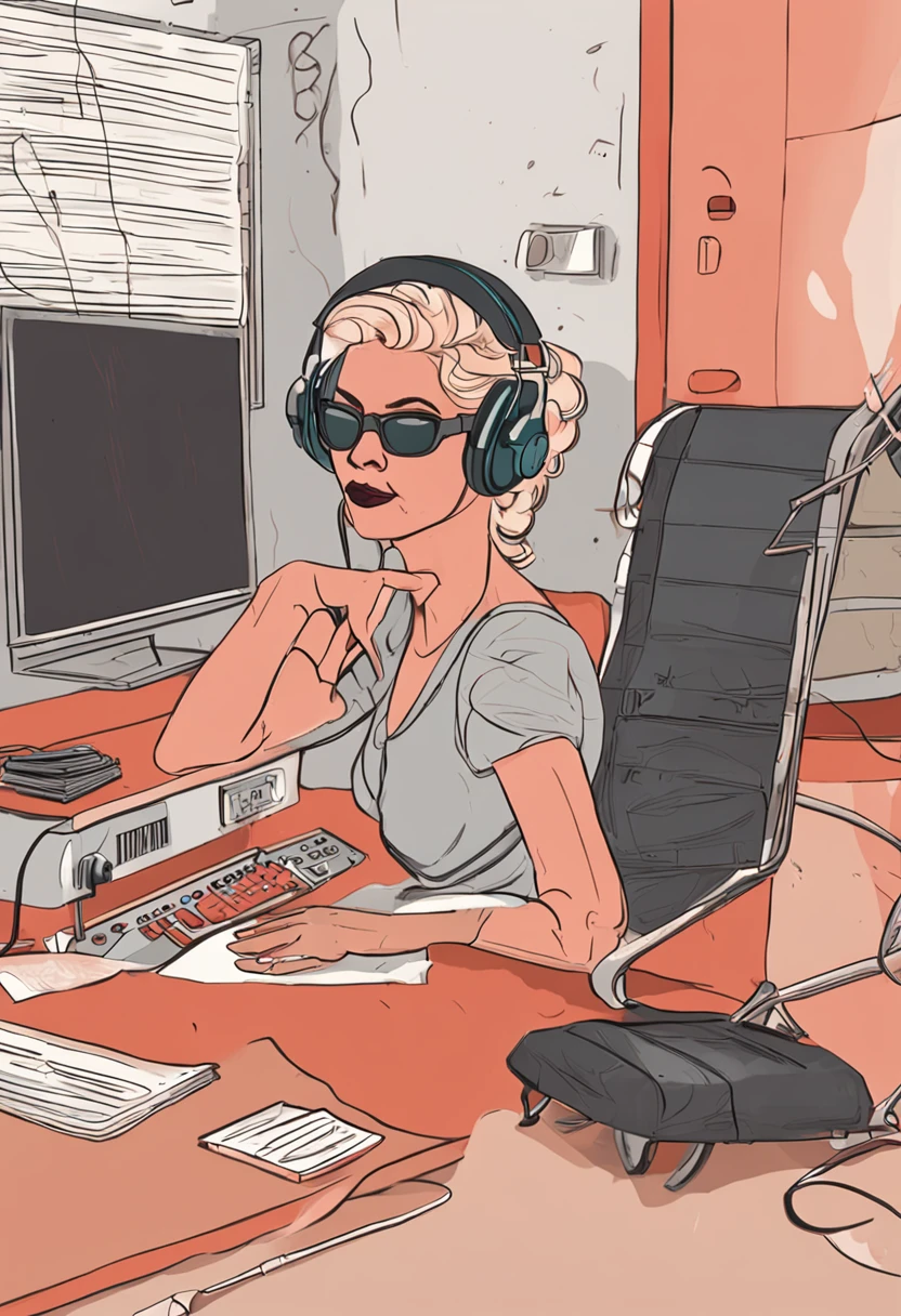 Ermosa 40-year-old woman with headphones in a photo studio, sentada sobre un escritorio, sexy, rubia, Sunsual, estereo, Sensual, Atractiva, tacones rojos, atletismo,trasero firme, morrena, topless