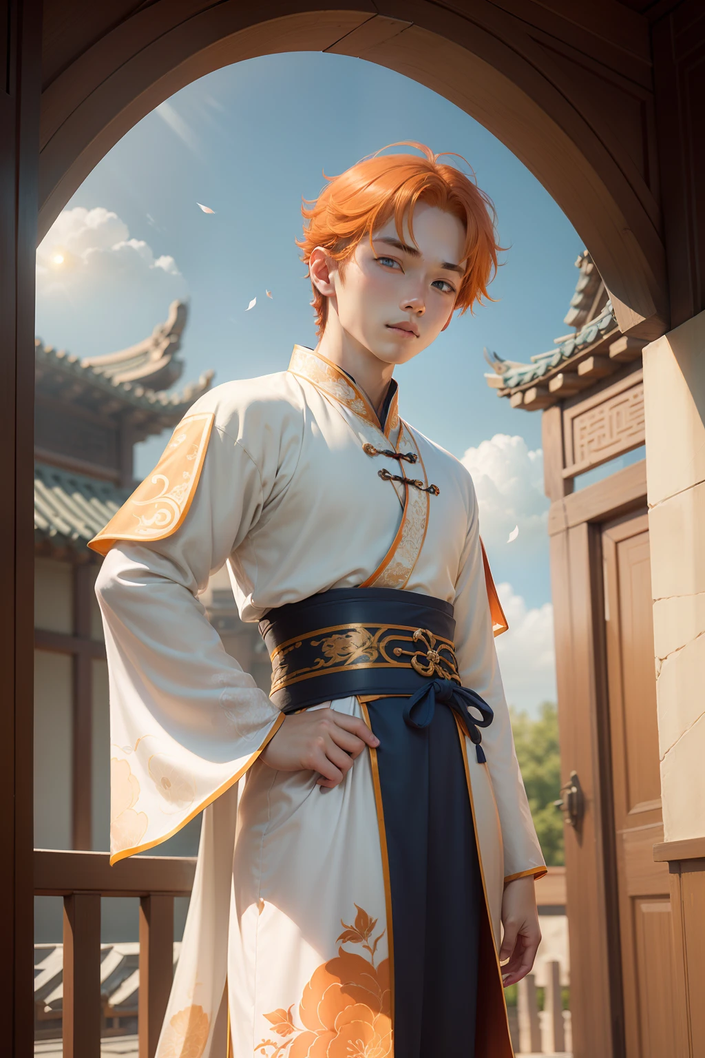Young boy ,Blue-white pupils,Orange hair color,Delicate and agile eyes,Intricate damask hanfu,Gorgeous accessories,fov,f/1.8,tmasterpiece,Ancient Chinese architecture,blue-sky,Petals flying,Front lens,Side lighting,The sun shines on people,2D