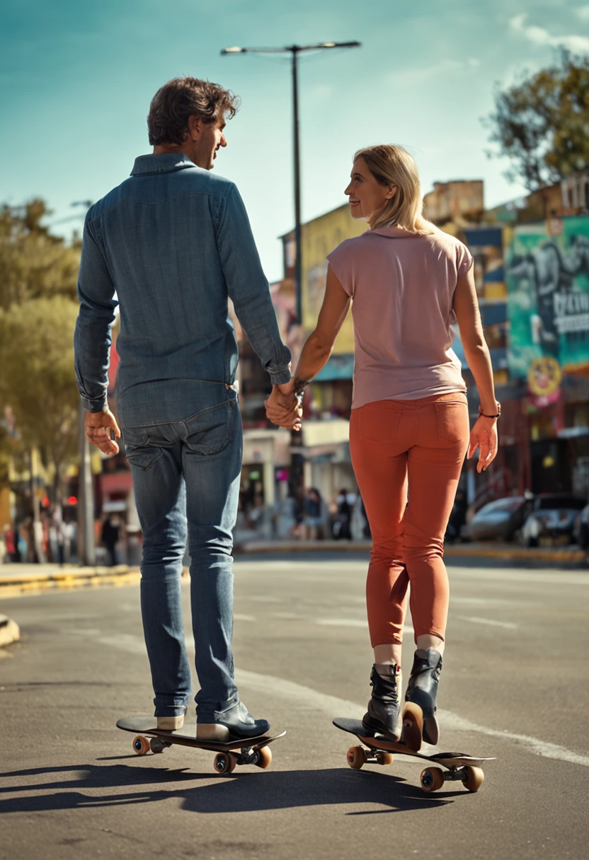 Una pareja, Attractive 30-year-old woman riding skates, An attractive 40-year-old man, montando patines, parque dia soleado