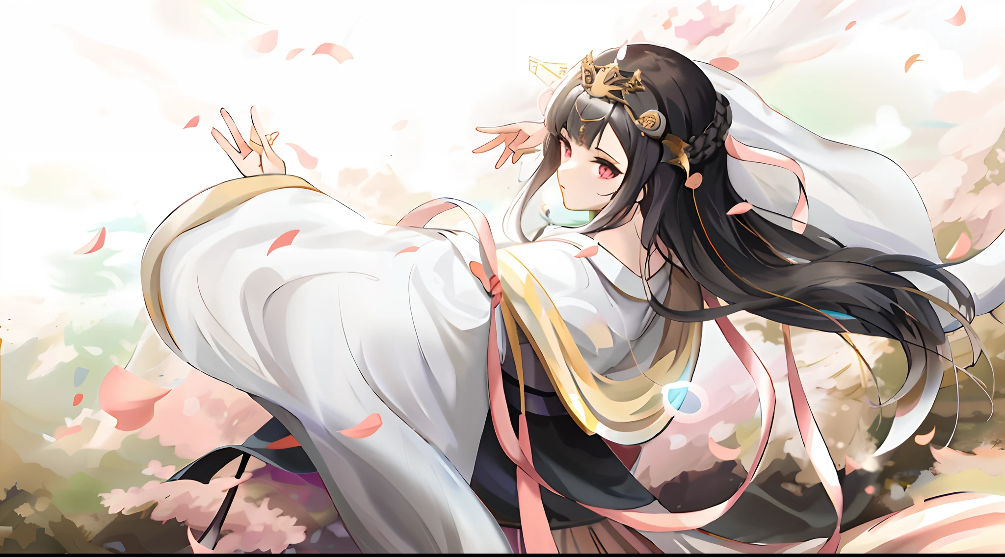 Anime girls in white and black dresses,Long hair shawl,((a beautiful fantasy empress)),palace,A girl in Hanfu,a beautiful fantasy empress,heise jinyao,anime goddess,flowing hair and long robes,lovely languid princess,onmyoji portrait,inspired by Ma Yuanyu,flowing white robe,sakura petals around her。