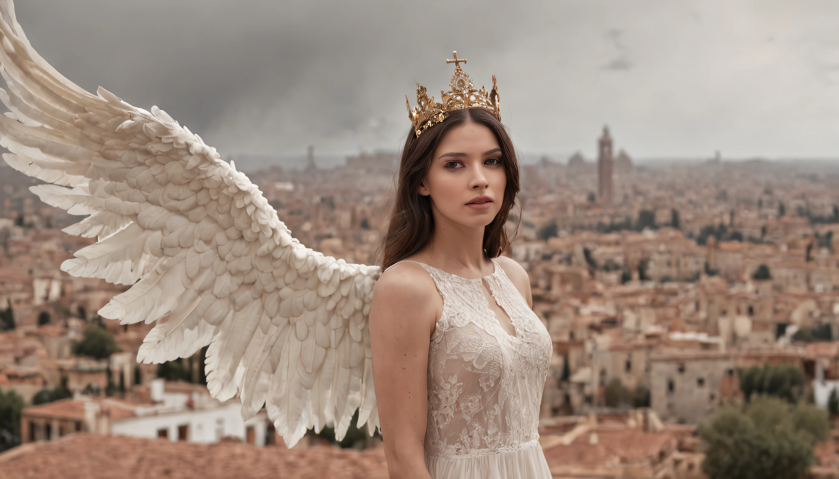 La mejor calidad, Obra maestra, ultrahigh resolution, (realistic photograph:1.4), surrealismo, dream-like,FusionArt, angel caido malvado femenino con alas enormes de fuego tirado en el suelo, en una ciudad apocaliptica en llamas, mirando a la camara, Magia de sombras, Control de la oscuridad, sigilo, Shadowstep, Hechizos de umbral, Cuchilla oculta,