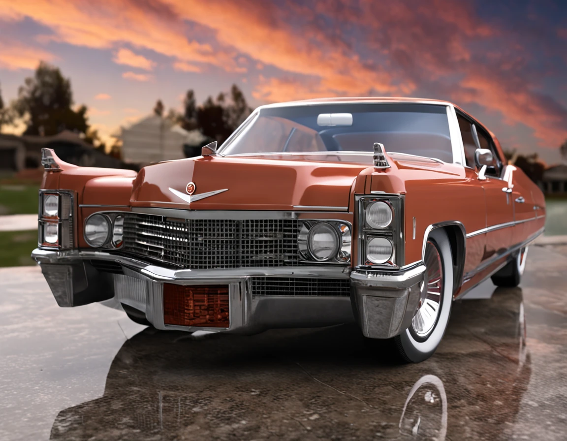 best quality, cadillac deville 1970 intricately detailed,  volumetric lighting