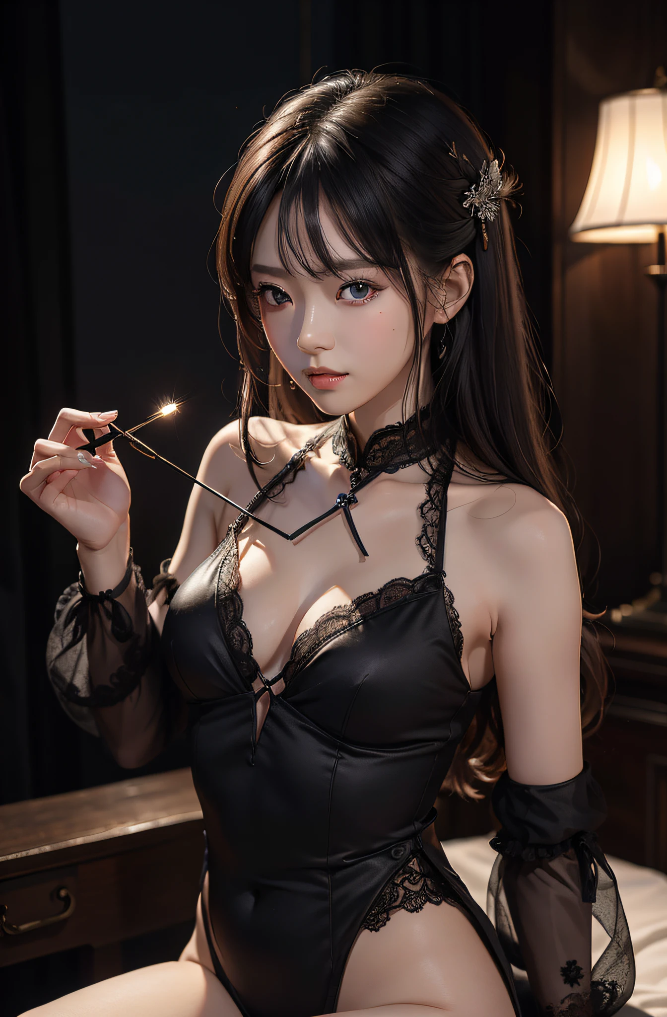 best qualtiy，tmasterpiece，超高分辨率，（真实感：1.4），RAW photogr，1girl，Slightly bare shoulders，in the darkness nigth，deep shading，low tune，cold light，Charming eyes，Black lace outfit