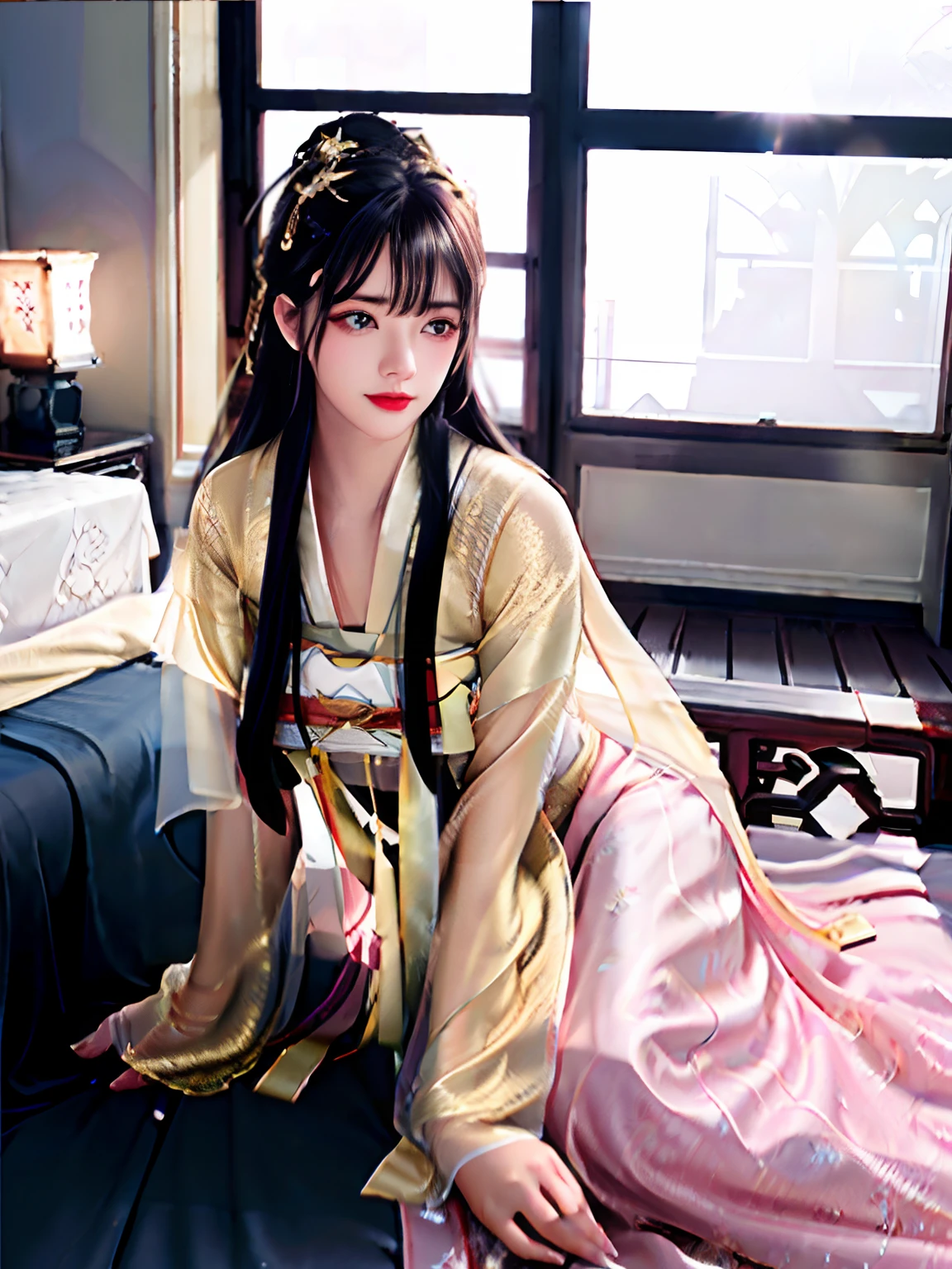 Best quality, masterpiece, high resolution, 1 girl, (Hanfu: 1.2), (gold thread stitching: 1.1), white translucent silk hanpeng, (translucent silk: 1.3), (inside ancient Chinese palaces: 1.2), (fear: 1.1), lips, dress, (hair accessories: 1.2), (ancient Chinese bed: 1.3), long hair, medium chest, delicate beautiful eyes, delicate eyelashes, beautiful face, upon_body, tyndall effect, (Realistic: 1.2), Edge Lighting, Bi-tone Lighting, (High Detail Skin: 1.2), 8K UHD, DSLR, Soft Light, High Quality, Volumetric Light, Snapshot, (Photo: 1.1), High Resolution, Highest, High Resolution, Detailed Eyelashes, Beautiful Face, Body, Tyndall Effect, Two-tone Lighting, (High Detail Skin: 1.2), 8K Ultra HD, Soft Light, High Quality, Volume Lighting, Frank Shot, (Low Angle Shooting: 1.1), (Beautiful Woman Lying in Bed), Sexy, Chivalrous, A Woman Standing in Front of the Bed.