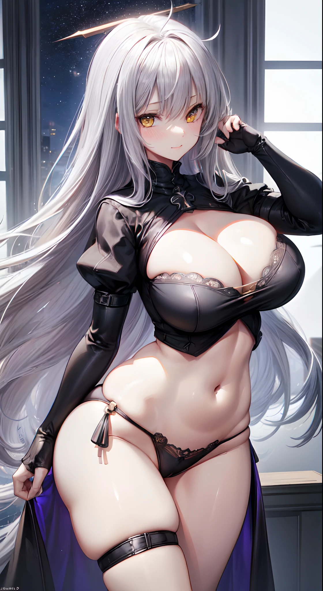 (huge breasts), (narrow waist), (gray sweater:1.2), ((Extremely detailed)), 4K, (8K), Best Quality, (Beautiful), masterpiece, best quality, high_resolution, finely detailed, extremely delicate and beautiful, 1 girl, very long silver hair, narrow waist, cleavage, garter belt, Jeanne d'Arc alter(Berserker)(Fate Grand Order), looking at the audience, 2 human hands, high detailed 5 fingers, beautiful high detailed smile, beautiful face, pastel_yellow eyes, beautiful high detailed eyes, beautiful thick body, very erotic, gigantic cleavage breasts, sexy big buttocks, very wet beautiful glamorous body, sexy big butt, big breasts insertion, high detailed beautiful sexy body, very wet body, UHD, NSFW, highres, best quality, belly button, sexy big buttocks, room, window with beautiful night view,（luminouslighting，Atmospheric lighting）