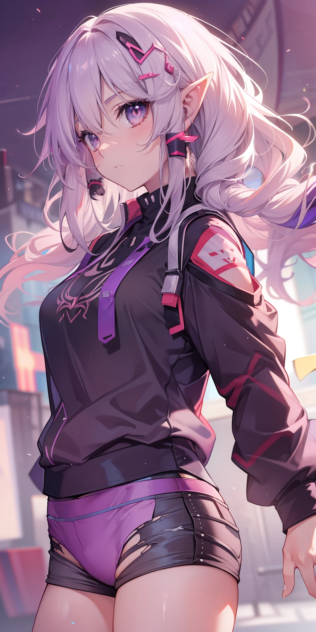 ((tmasterpiece)), ((best qualityer)), ((anime profile style)), ((high definition 4k |)), ((anime figure)), Kizi, female face, with fair skin, The eye, eyelid , pupils, sclera, Iris, eyebrow, eyeslashes, hor ears, nase, whaite hair, Neck, bshoulders, long sleeves shirt, ripped short shorts, ((panties showing)), Arms, ((thick leg)), ((upper legs)), background scenery, viewer view