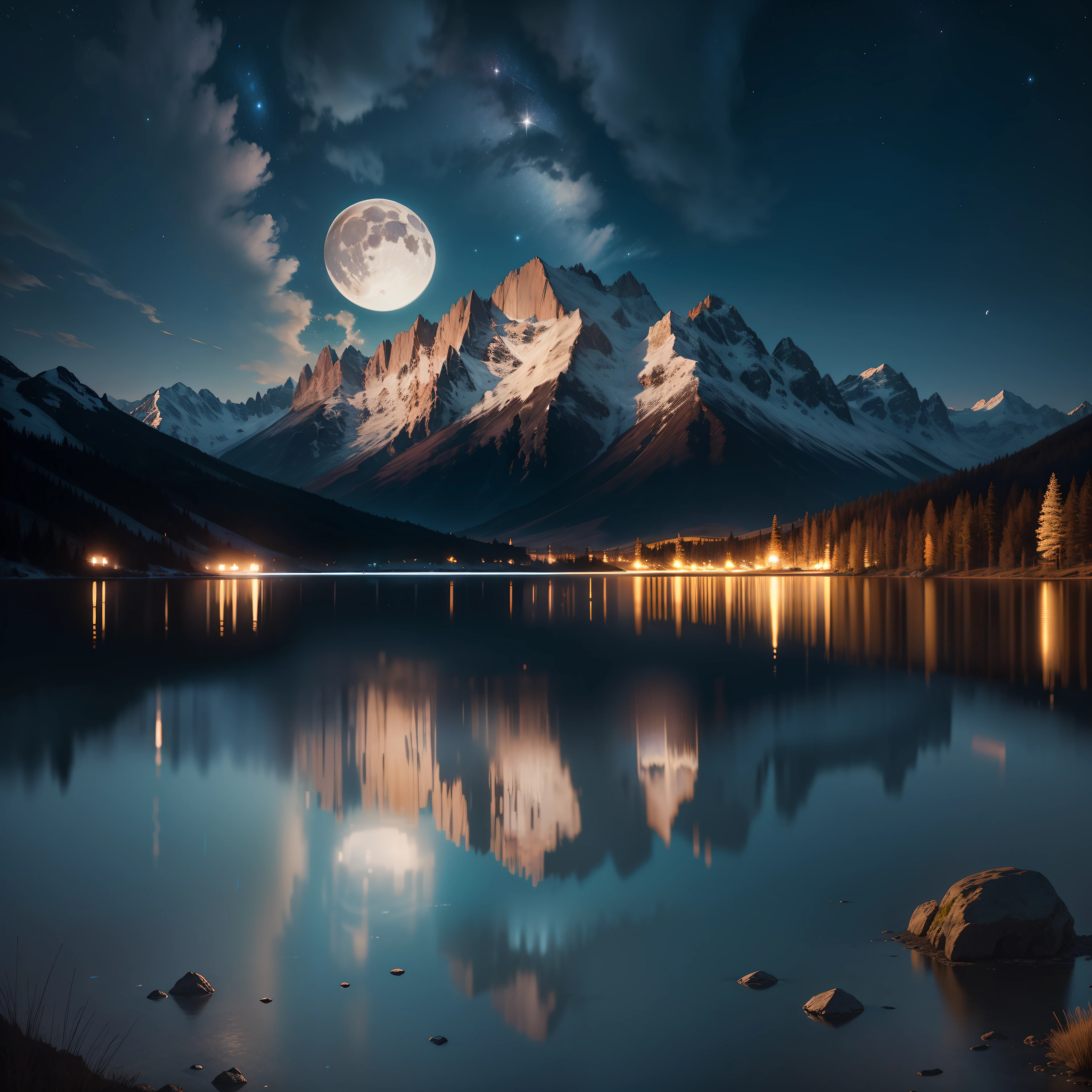 Very starry night. A giant moon behind the mountains. A tranquil lake reflecting the night. Realistic scene, detailed, photorealism, 8k