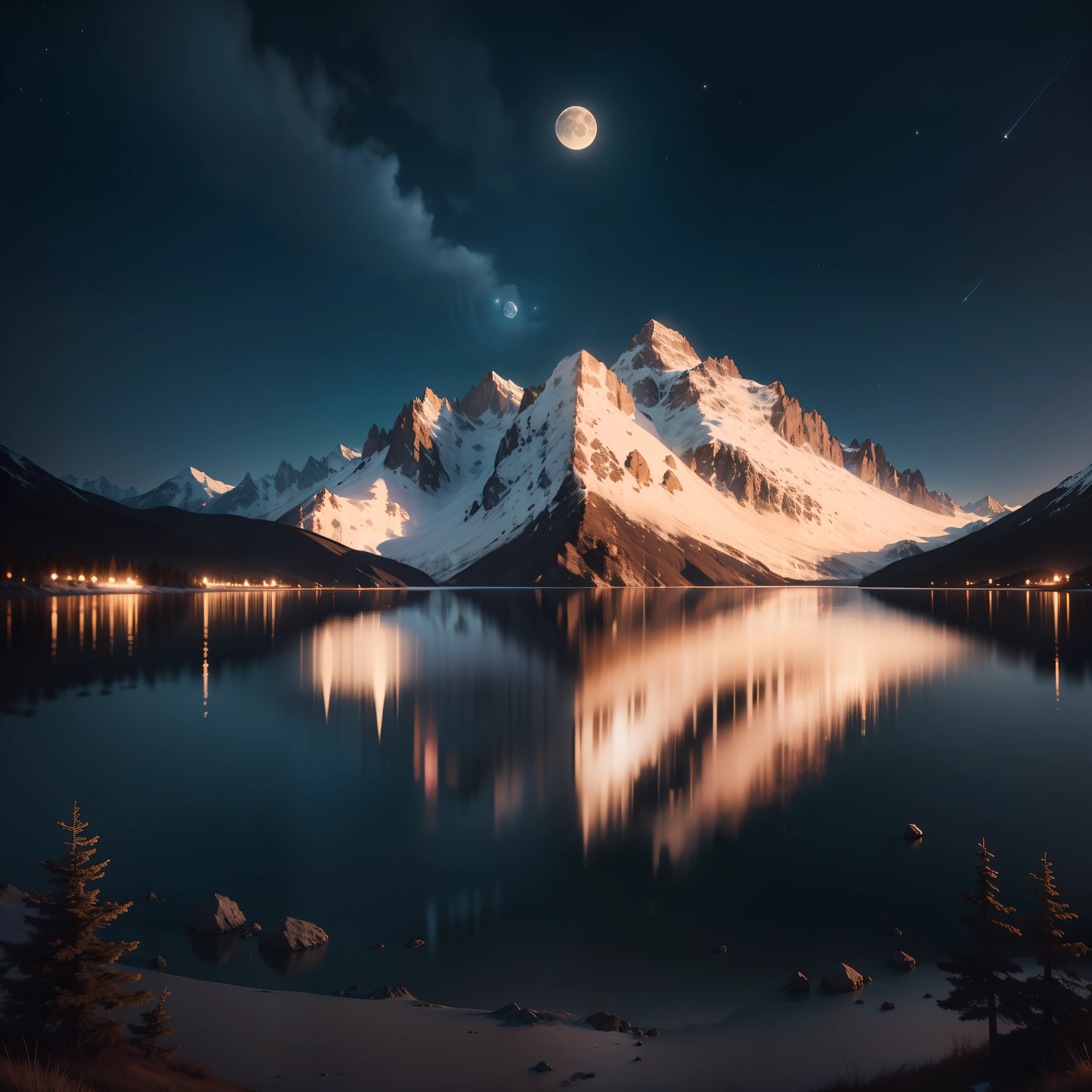 Very starry night. A giant moon behind the mountains. A tranquil lake reflecting the night. Realistic scene, detailed, photorealism, 8k