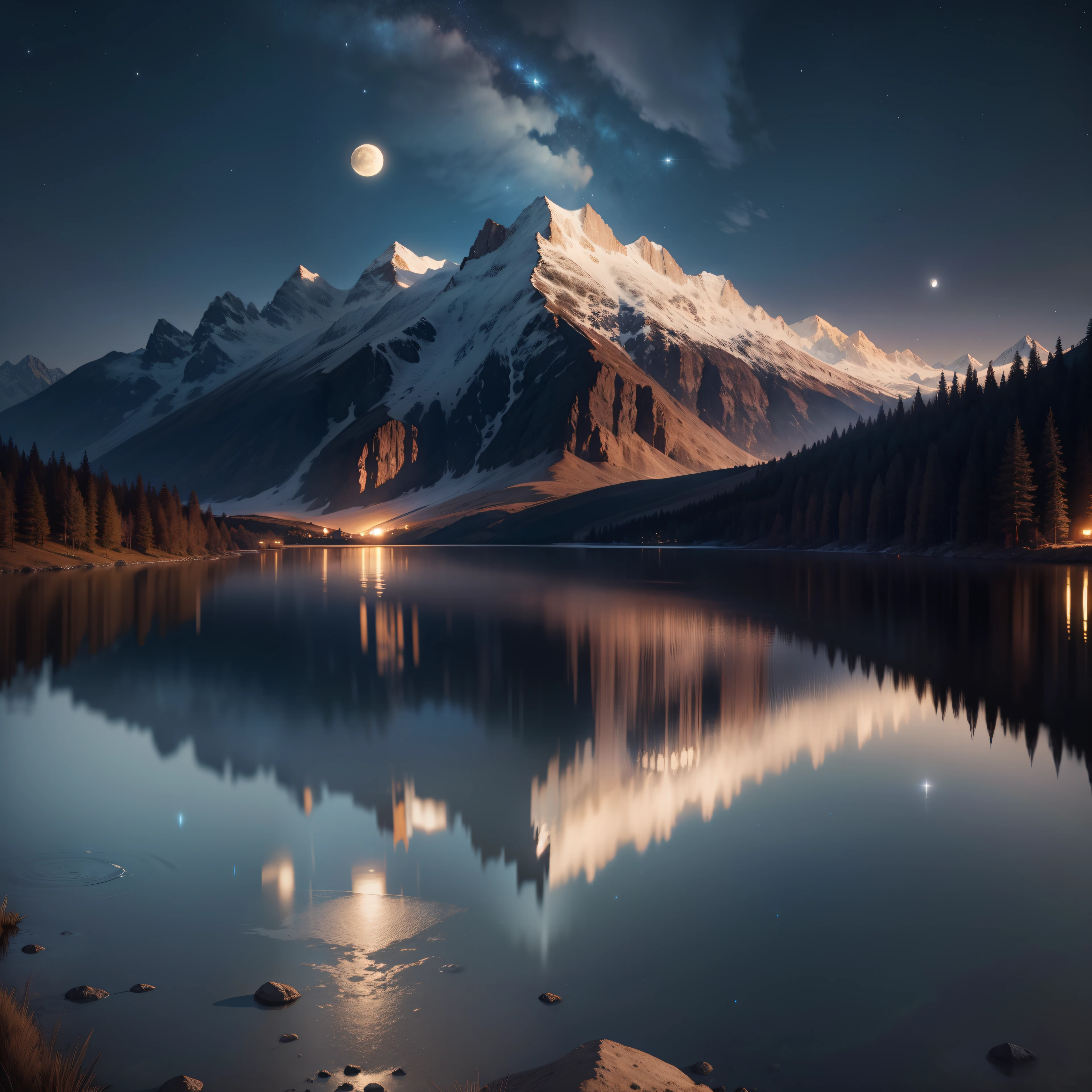 Very starry night. A giant moon behind the mountains. A tranquil lake reflecting the night. Realistic scene, detailed, photorealism, 8k