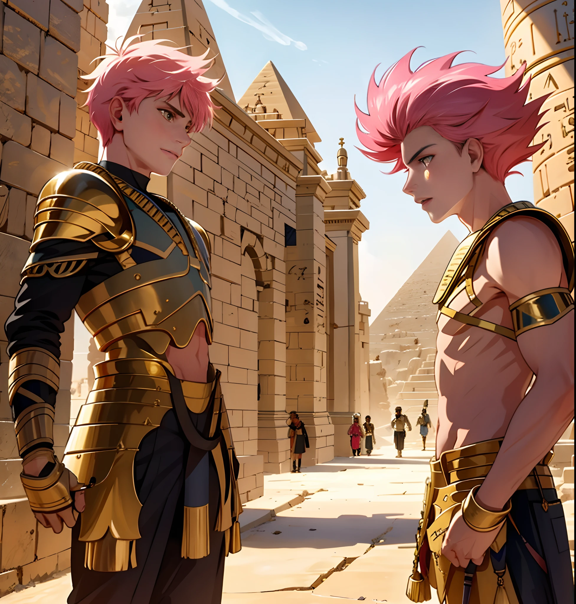 Several 14-year-old boys in a fist in Egypt A 15-year-old boy with pink hair is a man who has honey-colored eyes at the bottom of ancient Egypt you can see the pyramids