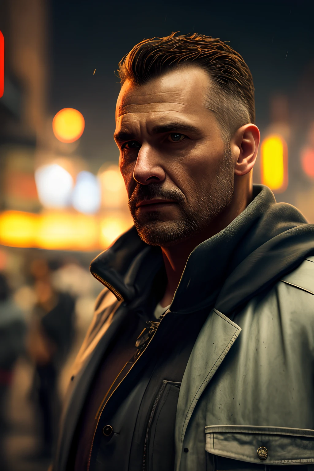 masterpiece, high detail, trending on artstation, realistic, detailed face, overall, a photo of a cyberpunk private detective, old man, dark hair, dirty, drone, Blade Runner city, neo lights, dark, rain, night, RAW, canon r6, wide shot, sharp, blurry background, rule of thirds, dramatic lights, dark shadows