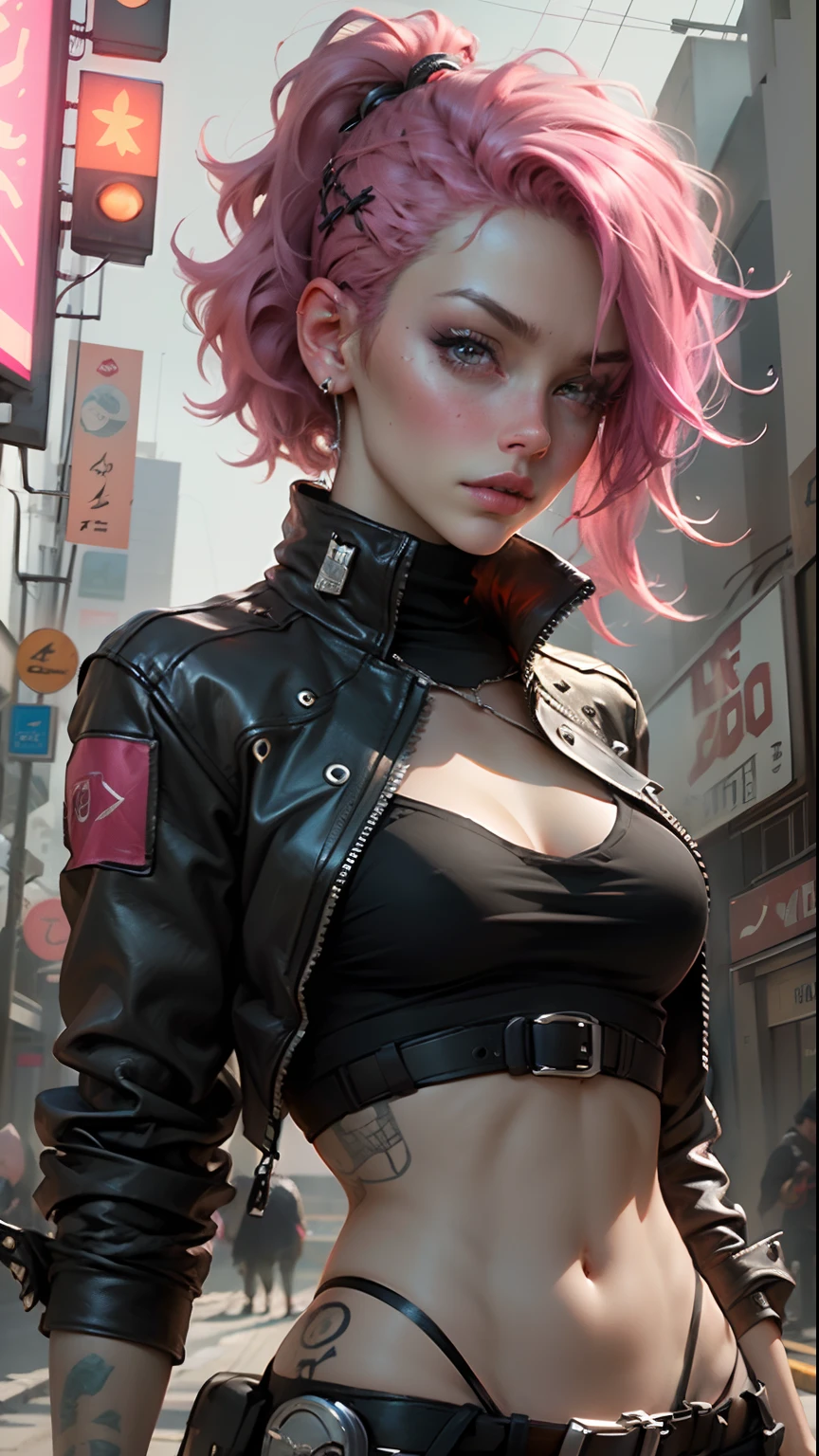 Beautiful woman, wary, Pink dyed hair, Sexy short leather clothes, middlebreast, Cyberpunk style, full bodyesbian、realistic detailed, Close, Portrait, bad ass, punk, Rebel