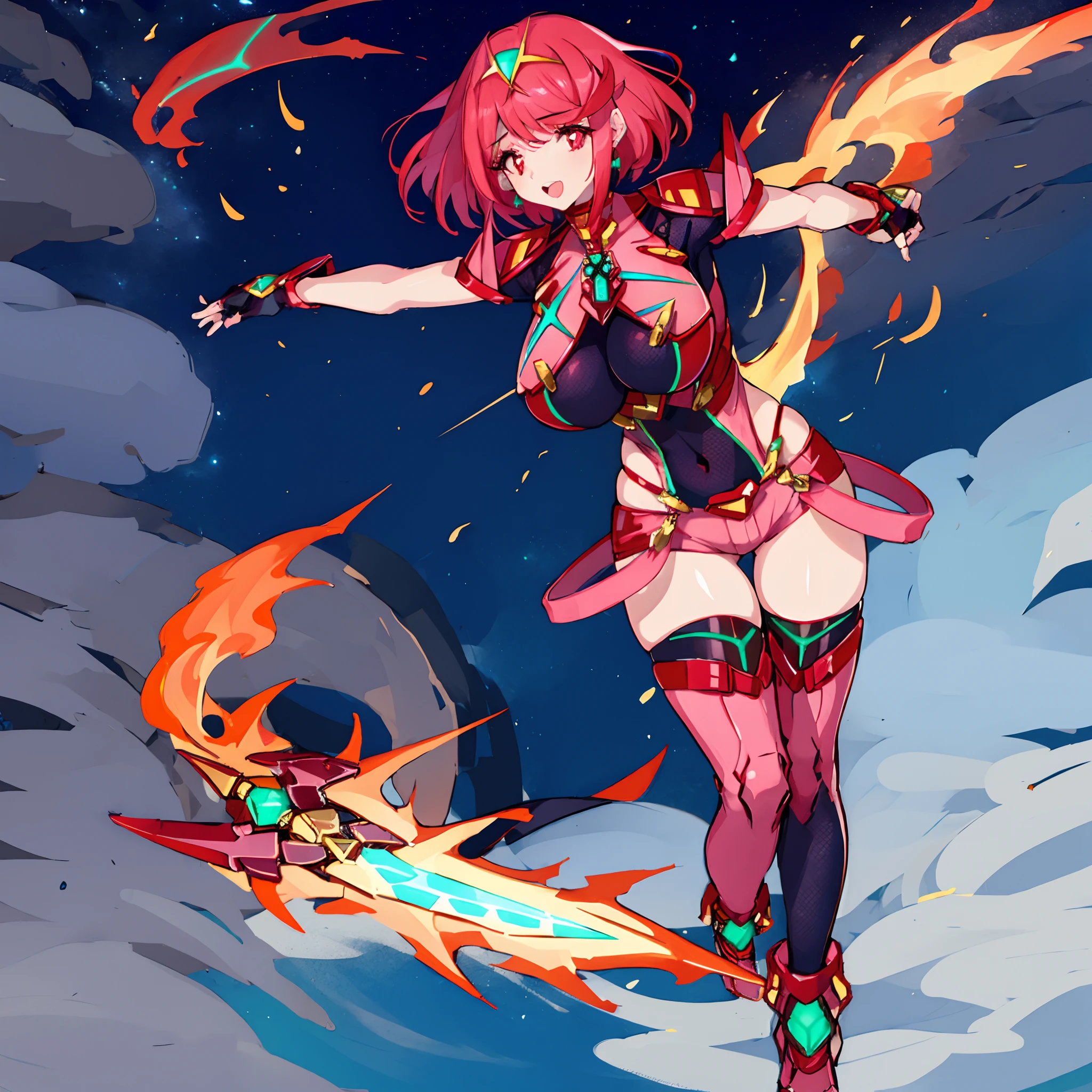 pyra \(xenoblade\), _1girl, loliarmor, bangs, black gloves, breasts, red eyes, closed mouth, earrings, eyelashes, fingerless gloves, floating hair, framed breasts, gem, gloves, hair ornament, headpiece, jewelry, big_breasts, leaning back, leotard, neon trim, official art, pose, red hair, red shorts, saitou masatsugu, short hair, short shorts, short sleeves, shorts, sidelocks, skin tight, solo, standing, swept bangs, thighhighs, tiara, night_prairie_background, turtleneck, underbust, vambraces, xenoblade chronicles \(series\), (xenoblade chronicles 2), apart_legs, fire_effect,dynamic_pose,fighting,light_smile, (plump:1.1), big_ass,huge_sword, hold_large_sword_hilt, solo, covered_nipples, covered_pussy,open_mouth,back_view, fists,